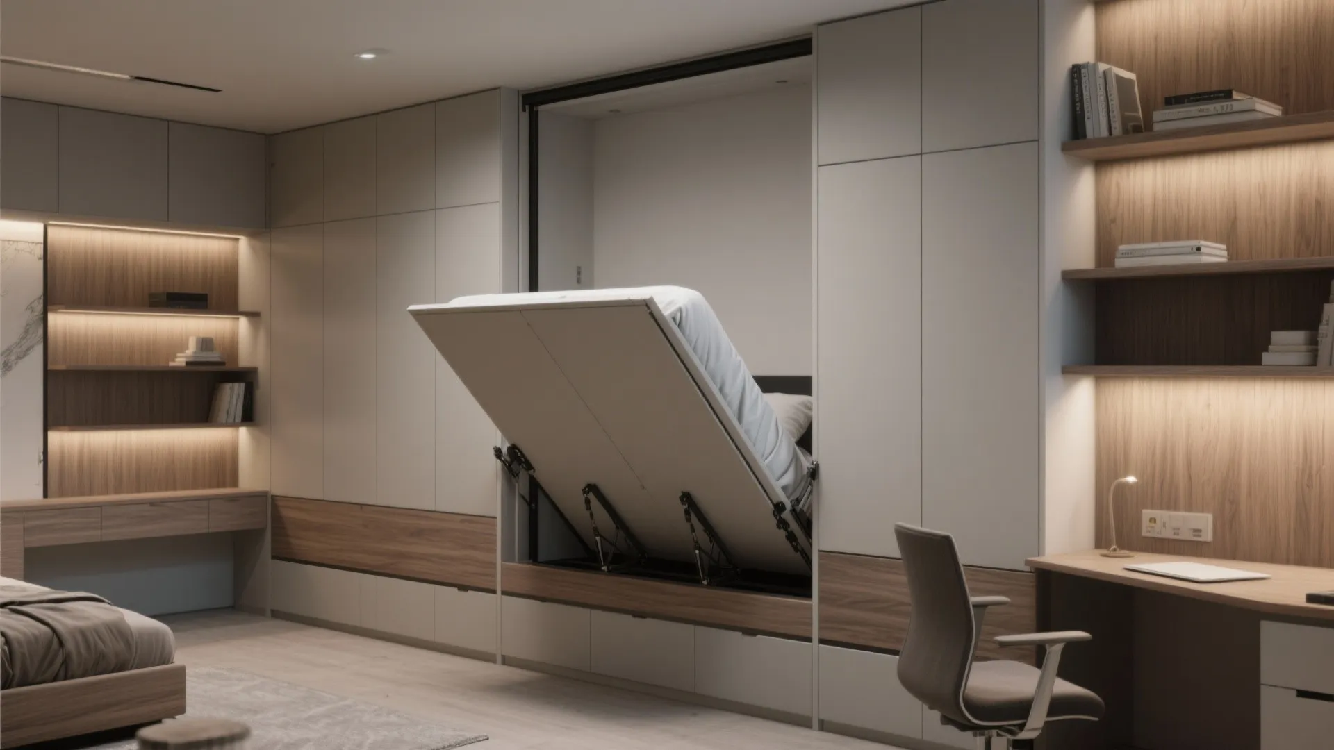 Modern wall cabinet with a hidden bed partially pulled out next to a wooden desk