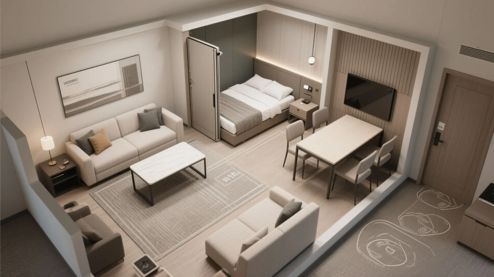 Interior design drawing of studio apartment with sofa dining table bed and wooden wall panel