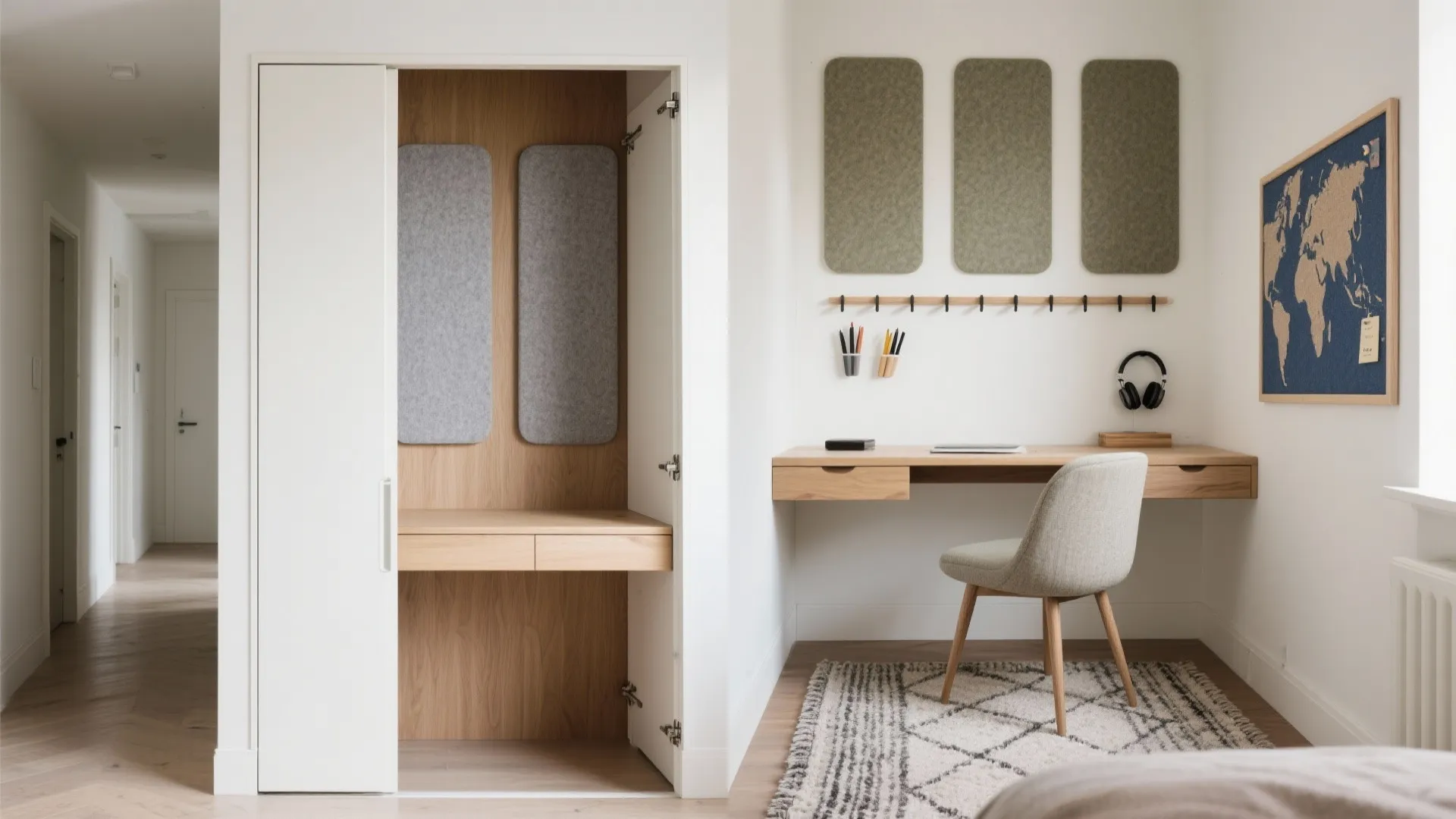 3) Fold-away focus nook (Murphy desk + acoustic panels)