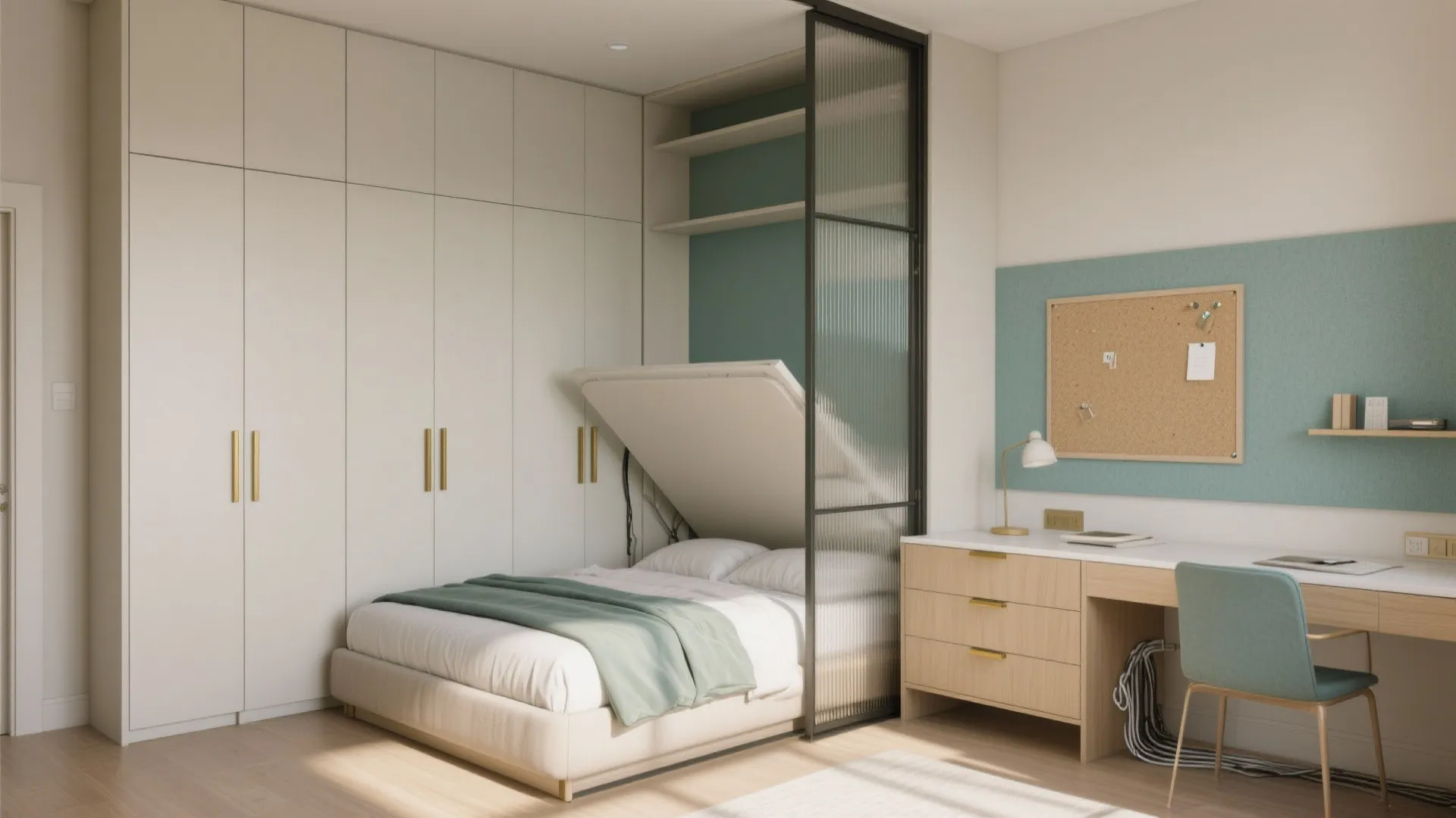 Small home office with a fold out bed, white wardrobe, wooden desk, and glass partition
