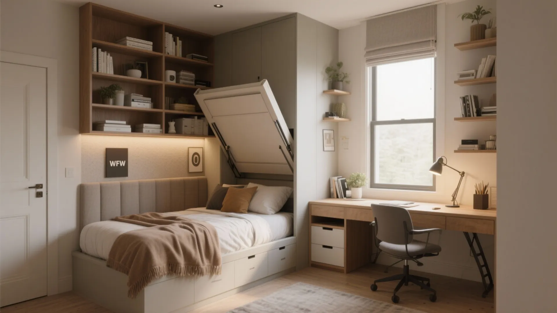 Small bedroom configured as a guest room and home office with a high-quality Murphy bed and fold-out desk.