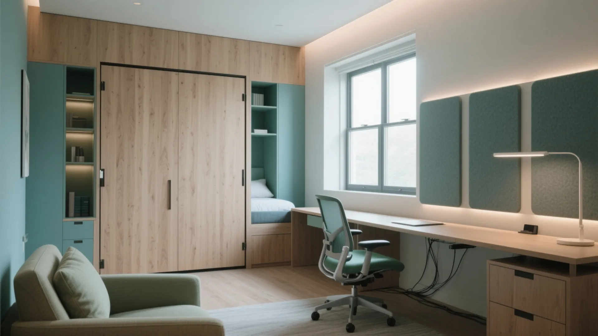 Modern home office with long wooden desk, green chair, wood cabinet, small bed, and window