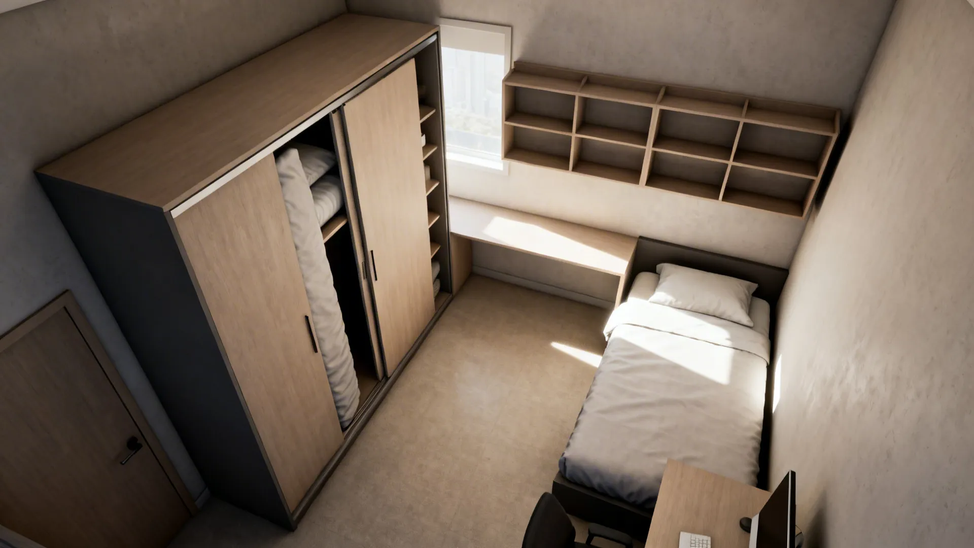 Folded Murphy bed with a permanent single bed opposite in a small room creating daytime workspace