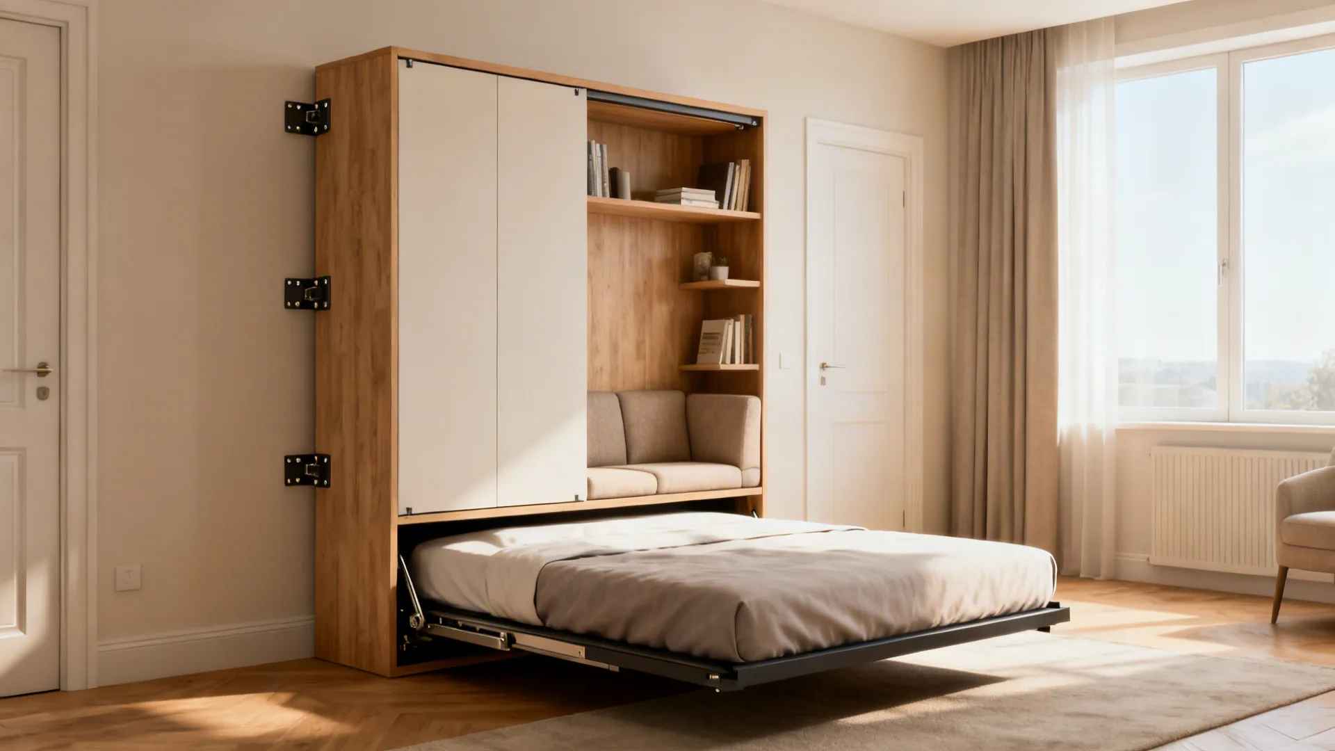 Modern wall-mounted cabinet with fold-out bed and small sofa in a bright living room setup