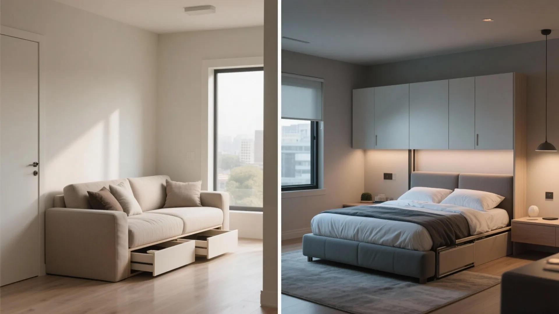 Multi-use room with a queen Murphy bed and sofa combo shown in day and night configurations.