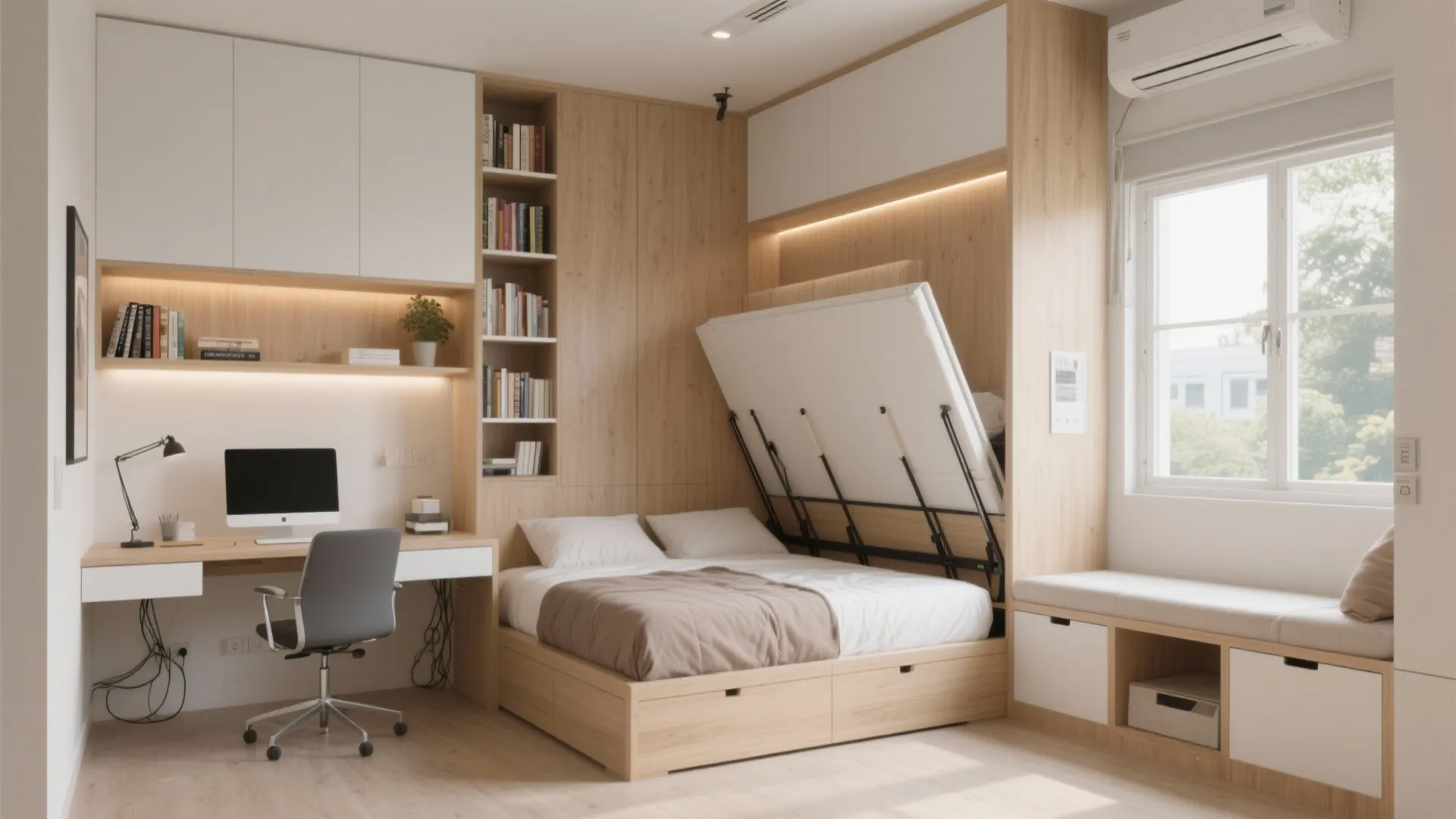 5) Flexible Furniture: Murphy, Bench Storage, and Balcony Nook