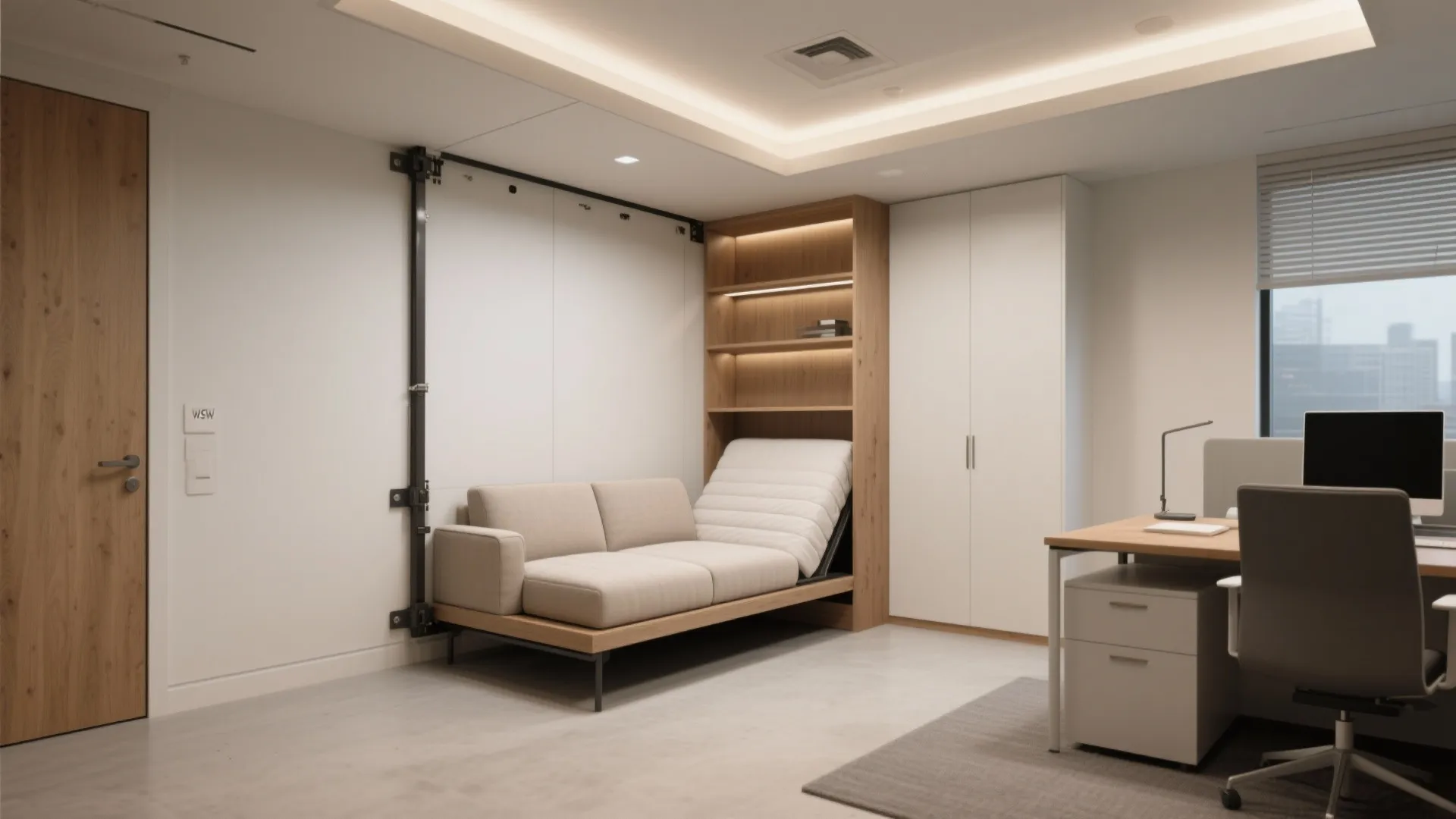 Compact office with a folded Murphy sofa bed and recessed shelving, maximizing floor space.