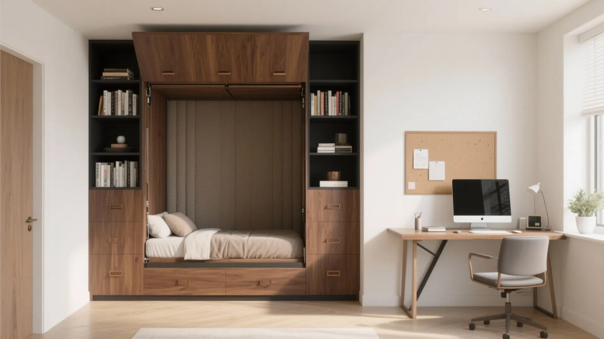 Murphy Bed Behind a Wall of Shelves