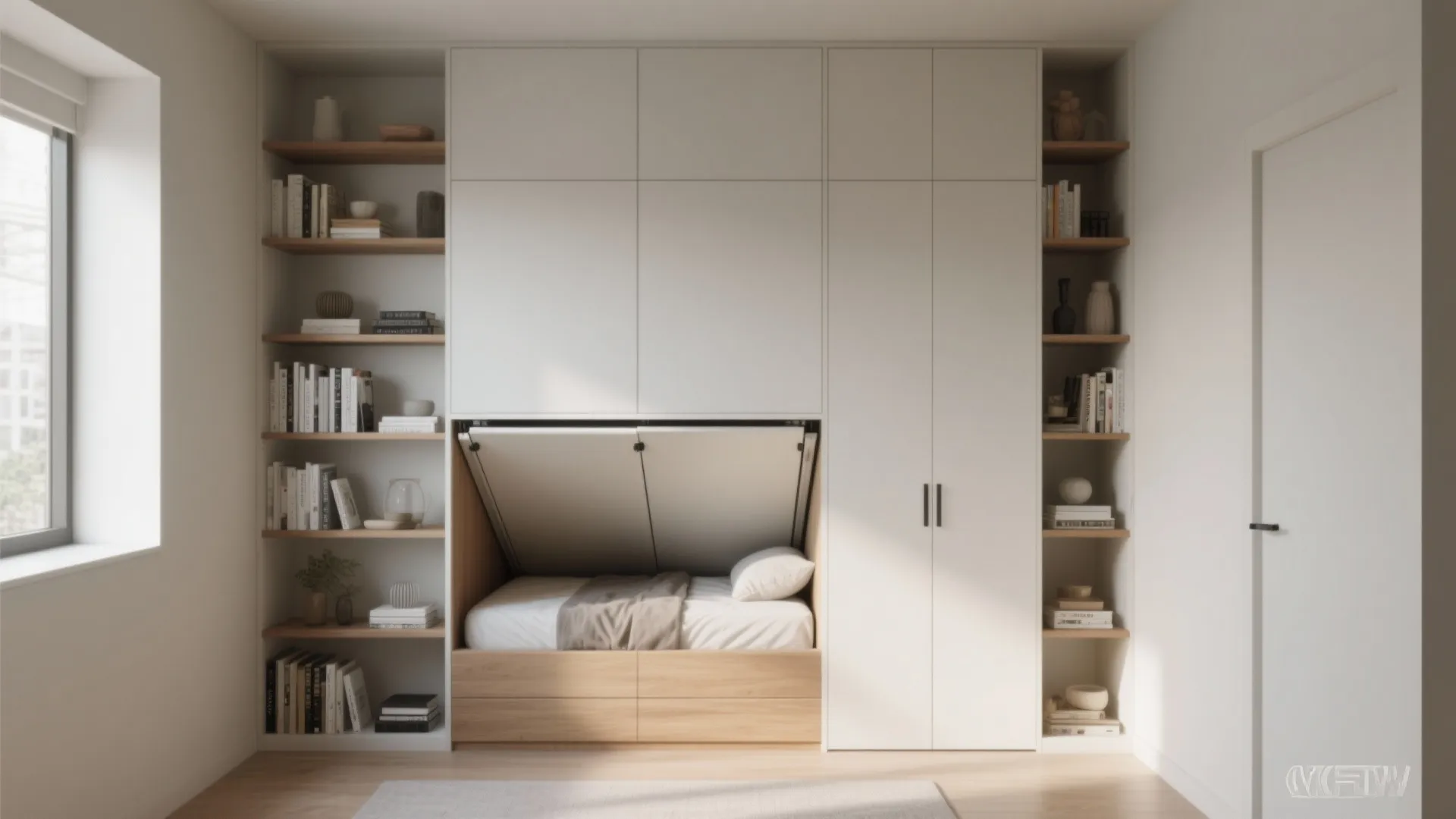 2. Murphy Bed Integrated into a Shelving Wall