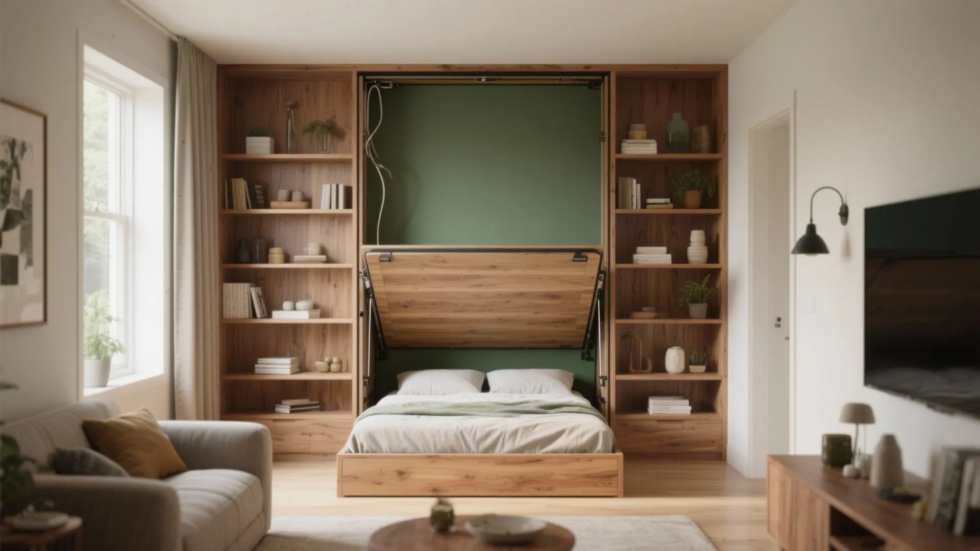 1. Murphy bed with integrated shelving