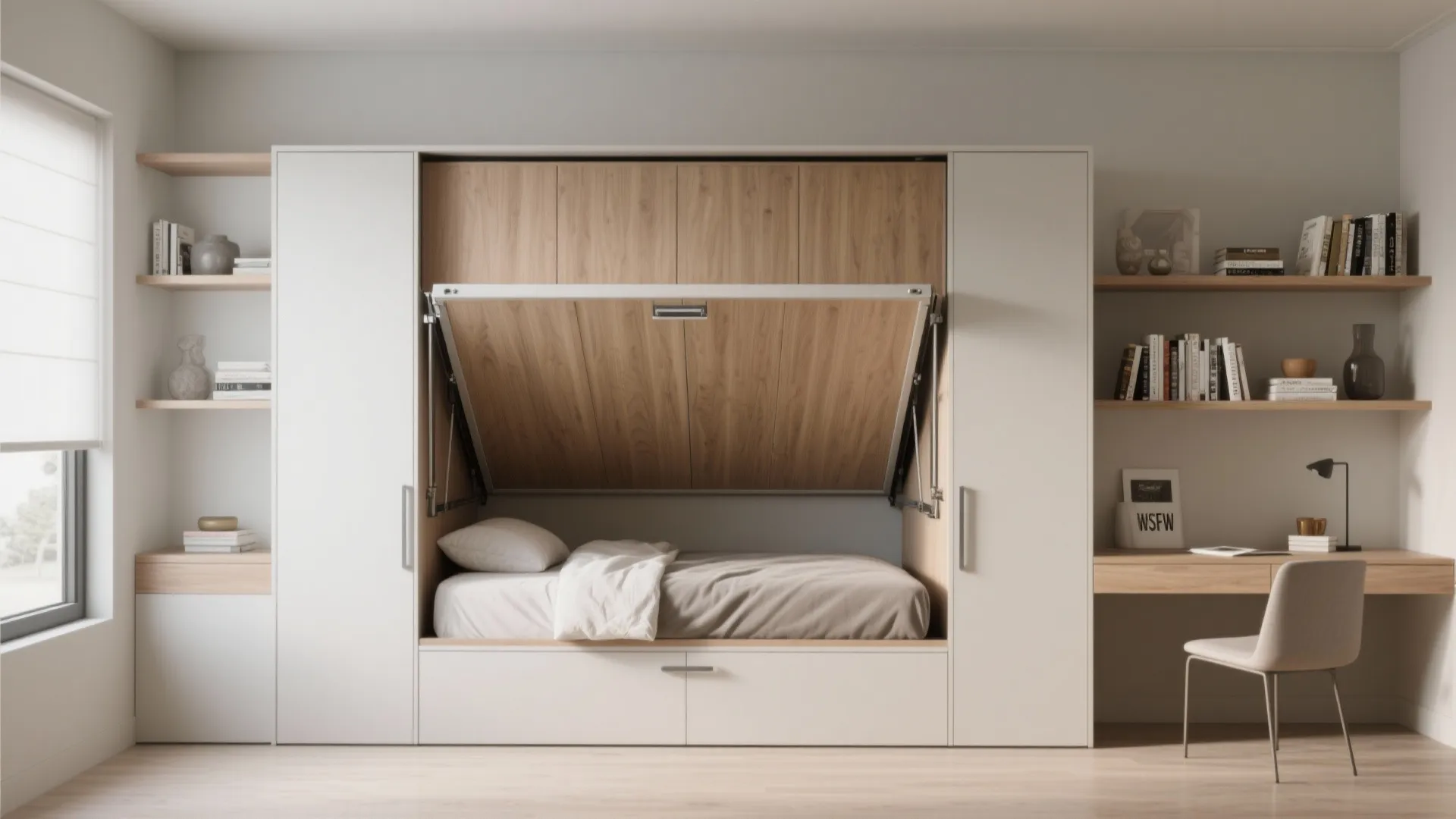 Modern wall bed folding into white cabinets with wooden shelves a desk and a chair