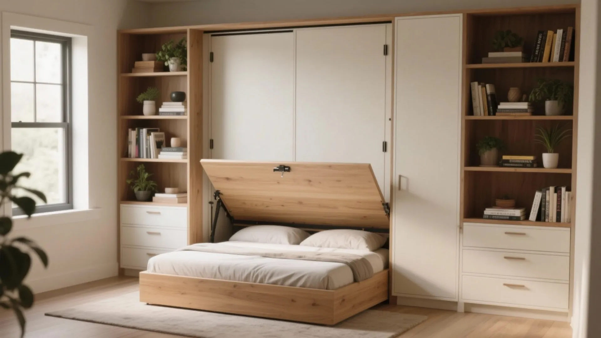 Functional wall unit with fold down bed integrated into wooden shelves and white storage cabinets
