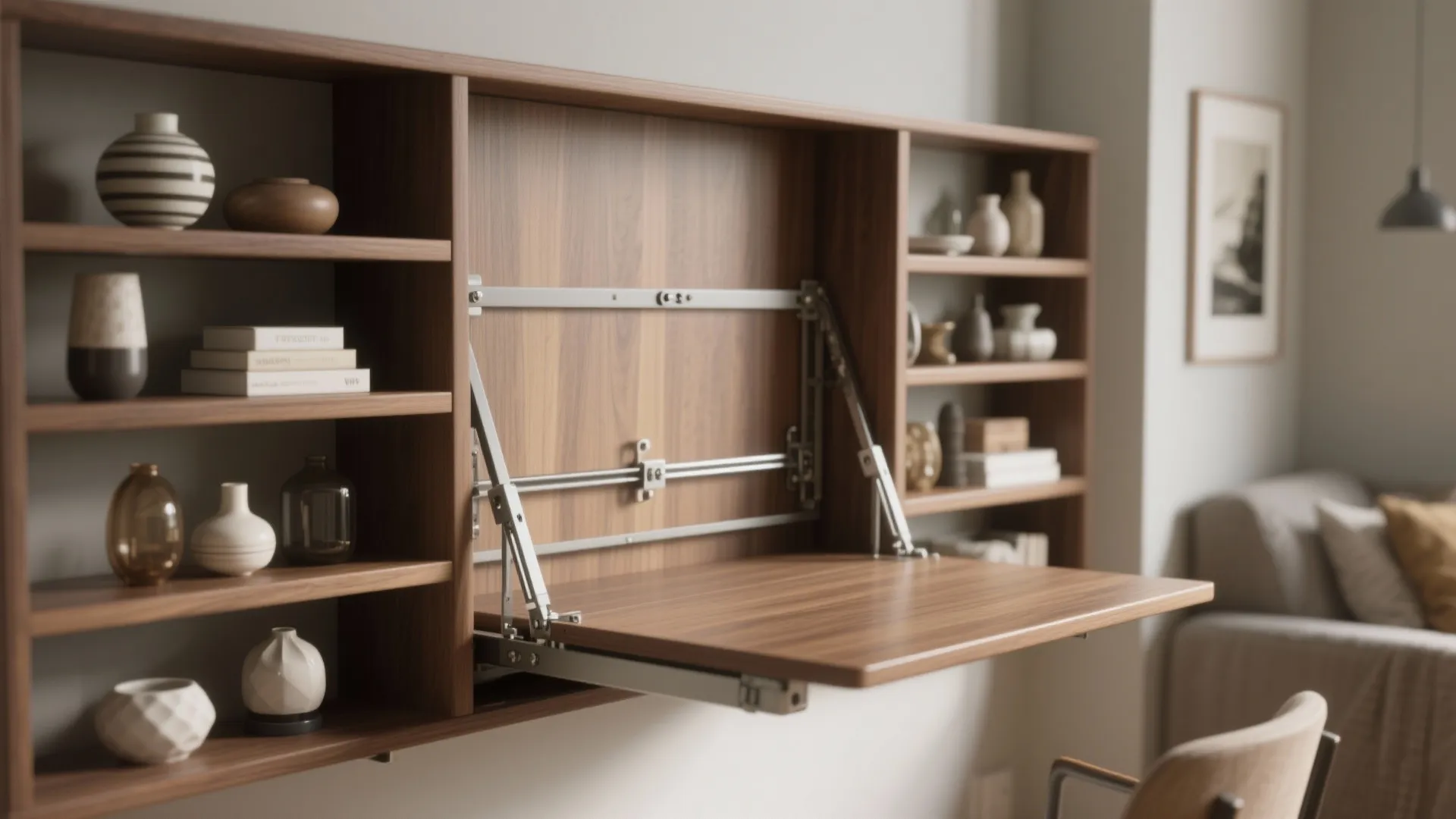 Murphy-style folding table with shelving