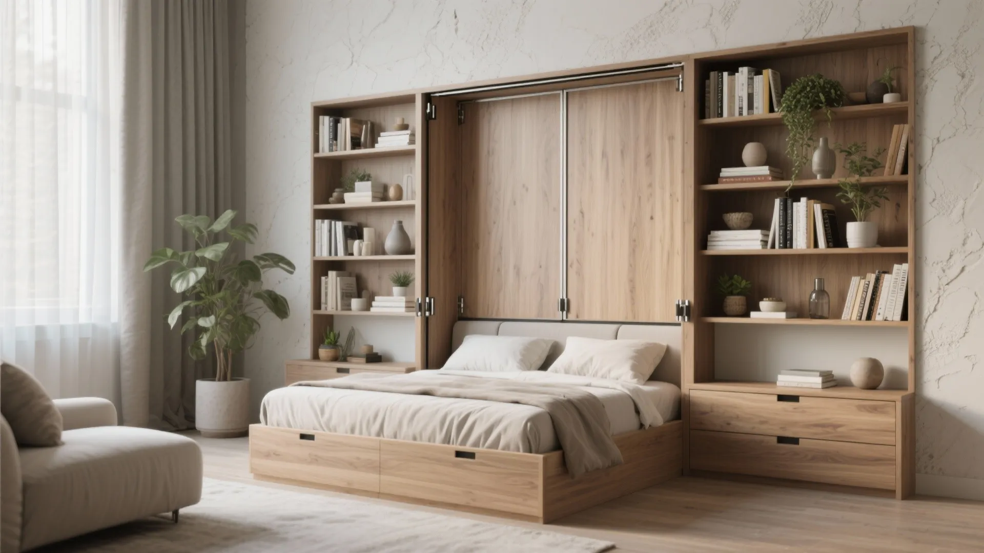Modern wall bed integrated with wooden bookshelves and storage cabinet in a bright living area