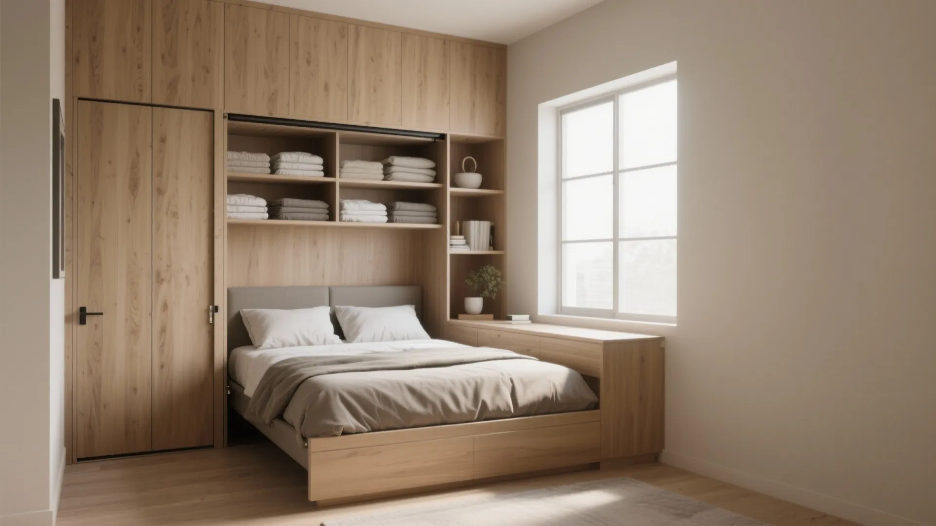 1. Murphy (fold-down) double bed with built-in shelving