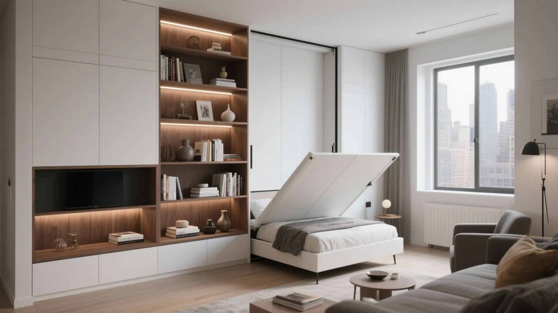 Modern living room featuring a white folding bed built into a large wooden storage cabinet