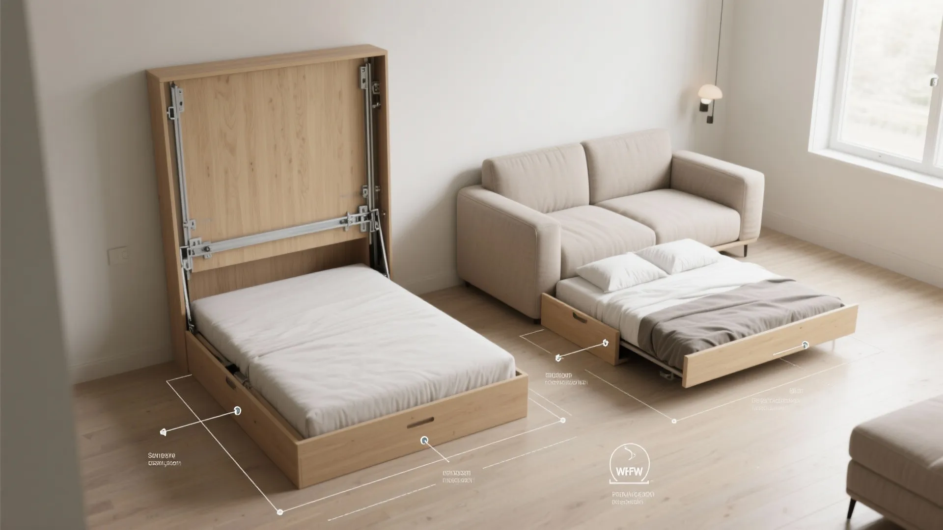 Interior design drawing showing wooden wall bed and beige sofa converted into bed with labels