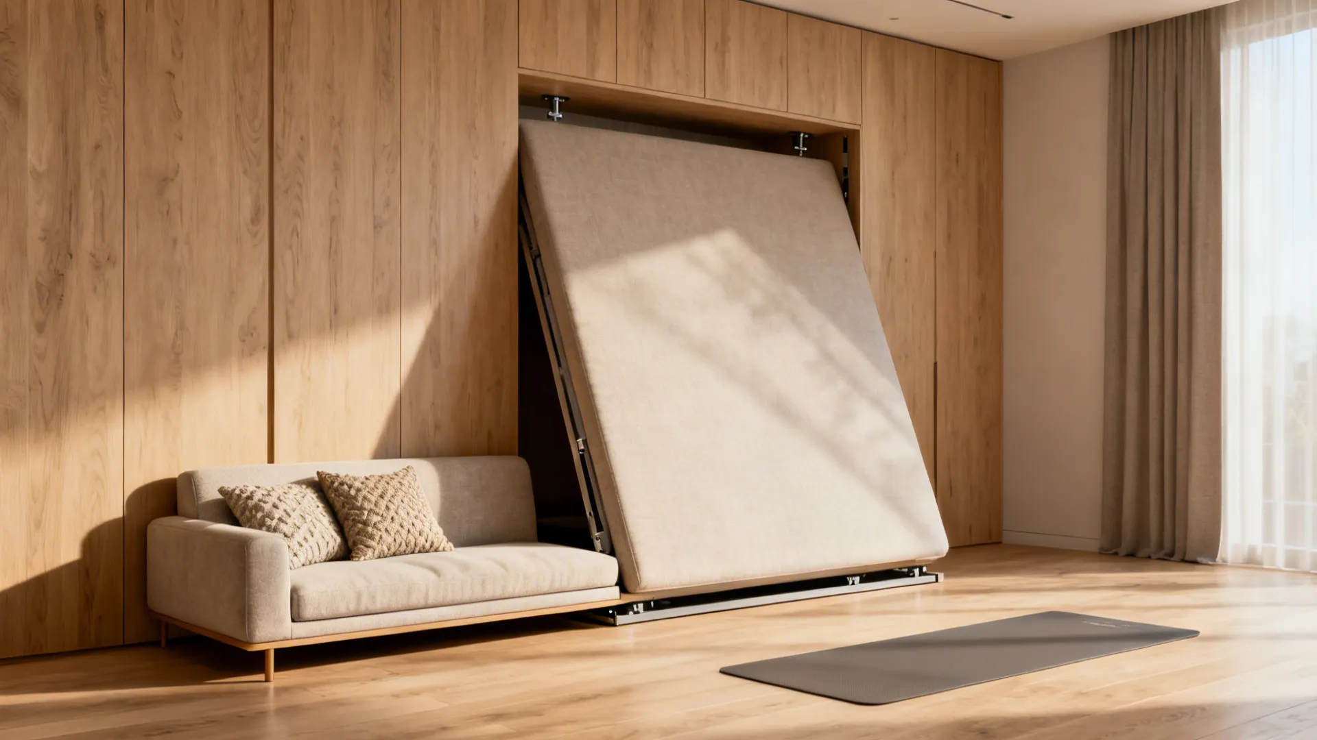 Murphy-sofa hybrid wall-bed folded up creating open floor space in a small apartment.