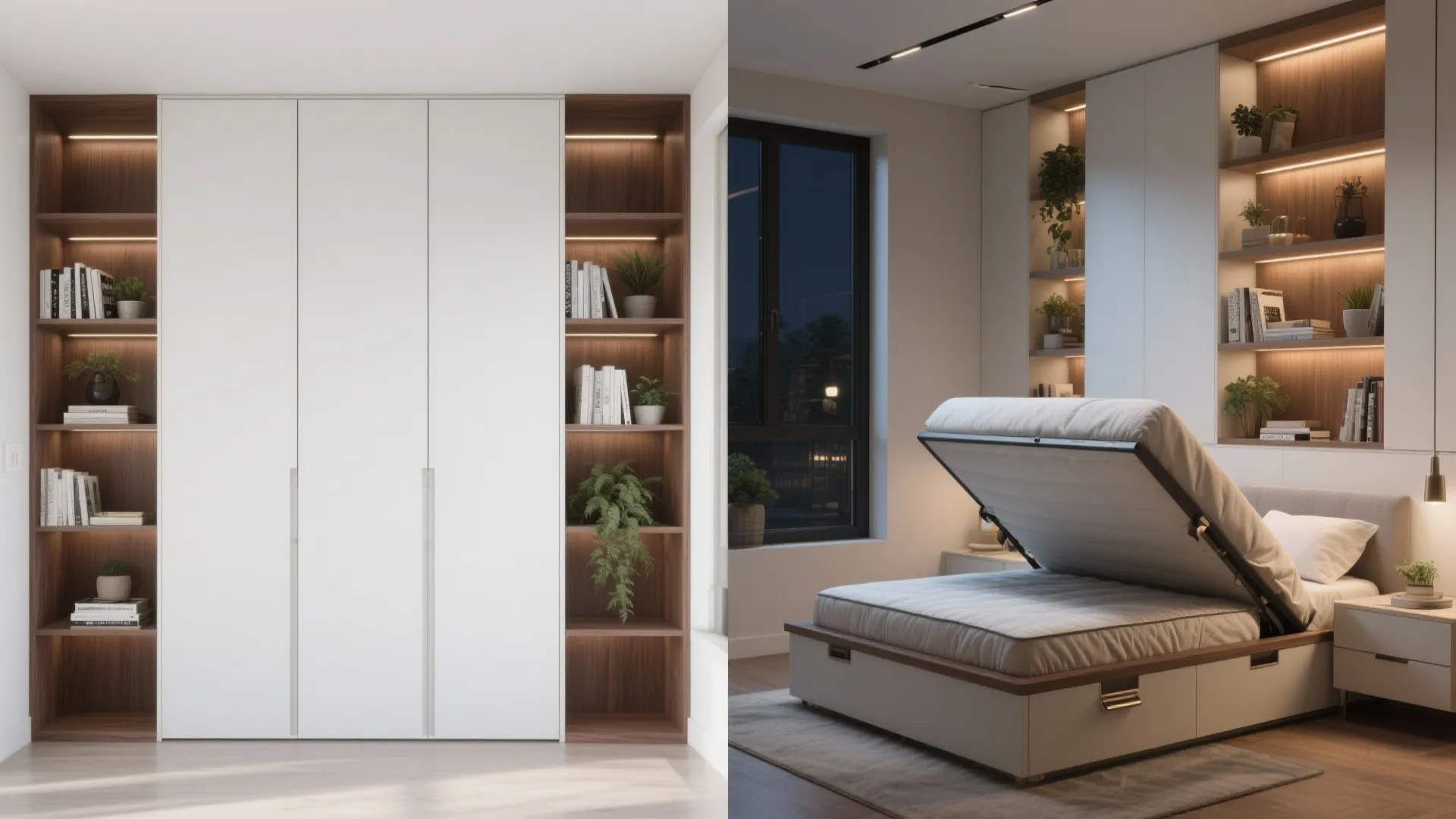 Modern white wardrobe with open wooden shelves showing plants books and a lifting storage bed
