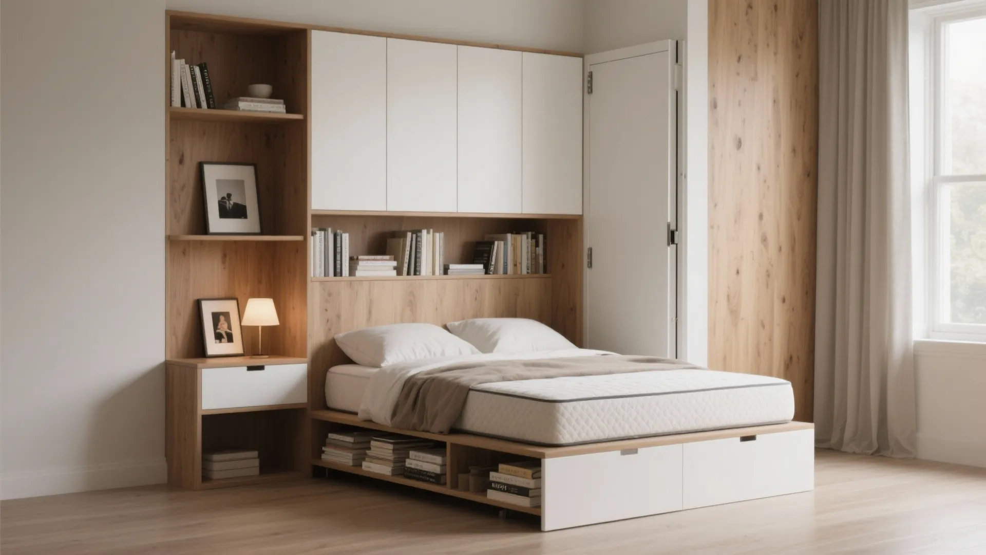 Modern bedroom featuring a built-in bed with white storage cabinets wooden shelves and a nightstand