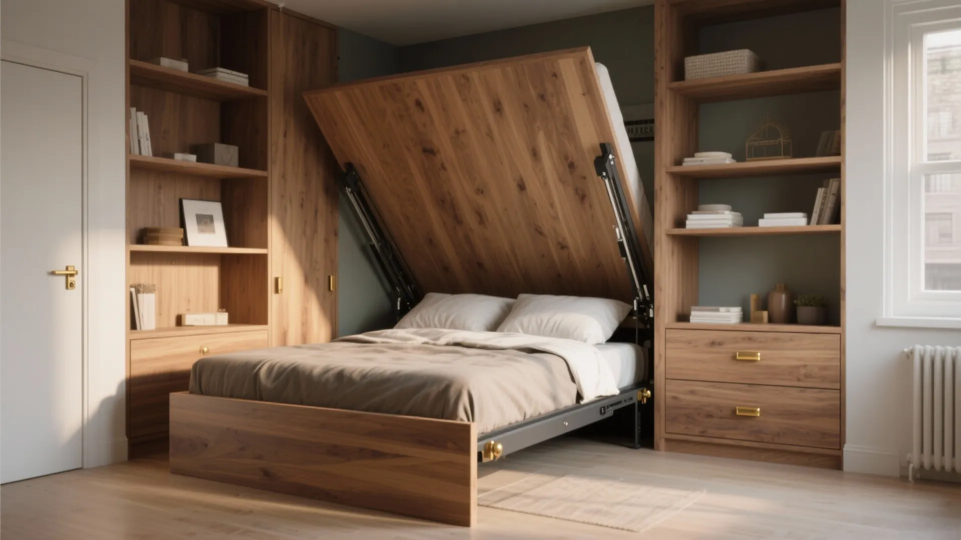 Wooden wall bed partially opened surrounded by matching cabinets and shelves in modern bright bedroom