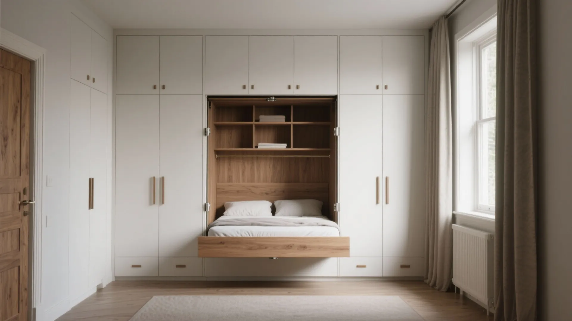 Modern white wardrobe featuring a fold out wooden wall bed with shelves inside a bedroom