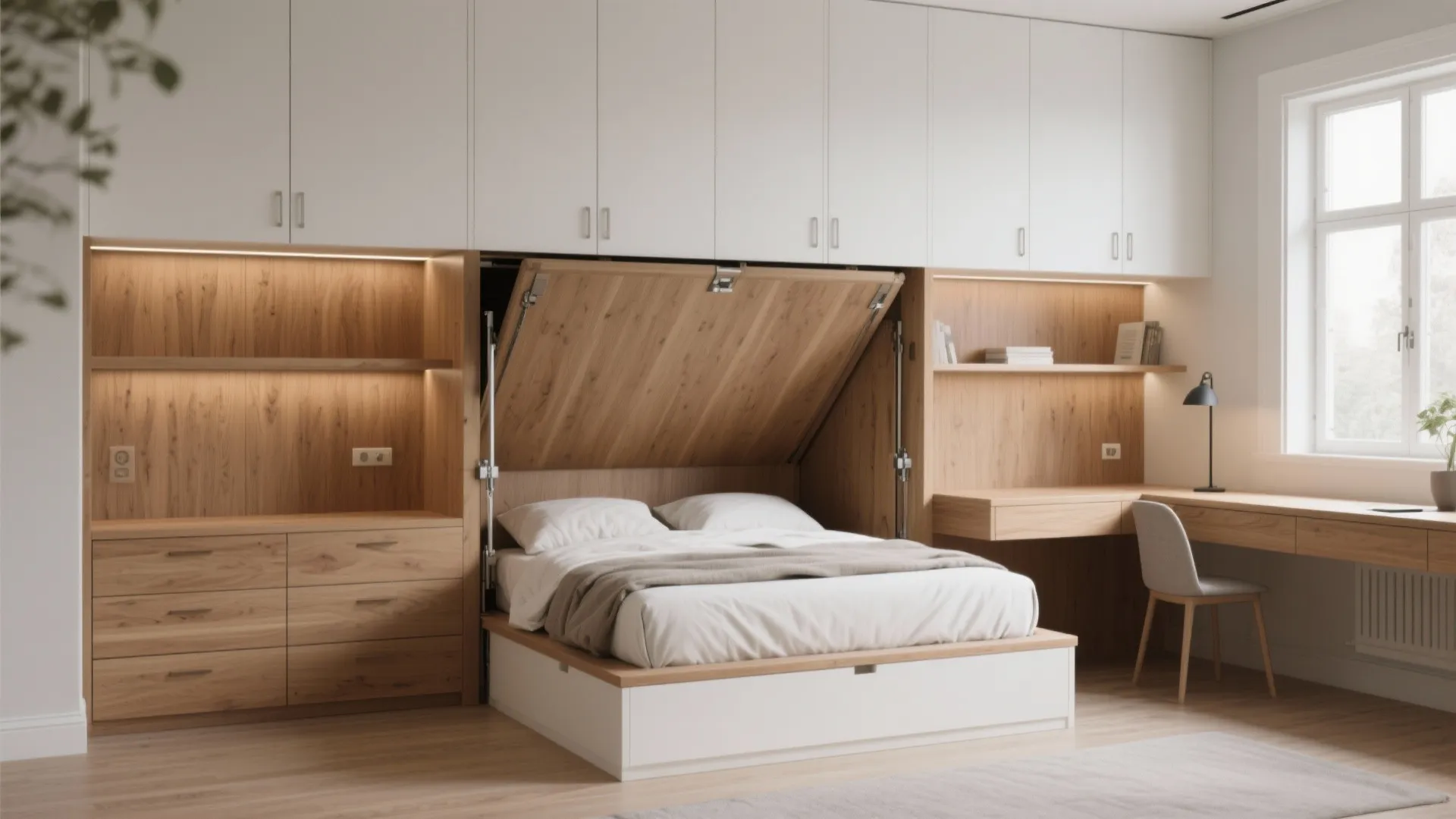 Bedroom interior design drawing with a pull down bed integrated into white and wood storage cabinets