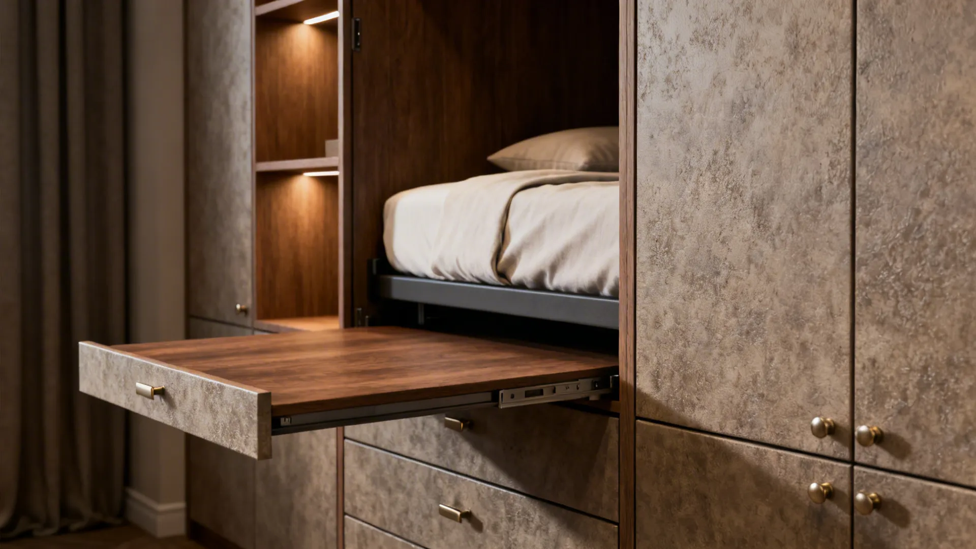 Murphy bed integrated into cabinetry with fold-down desk and recessed shelves