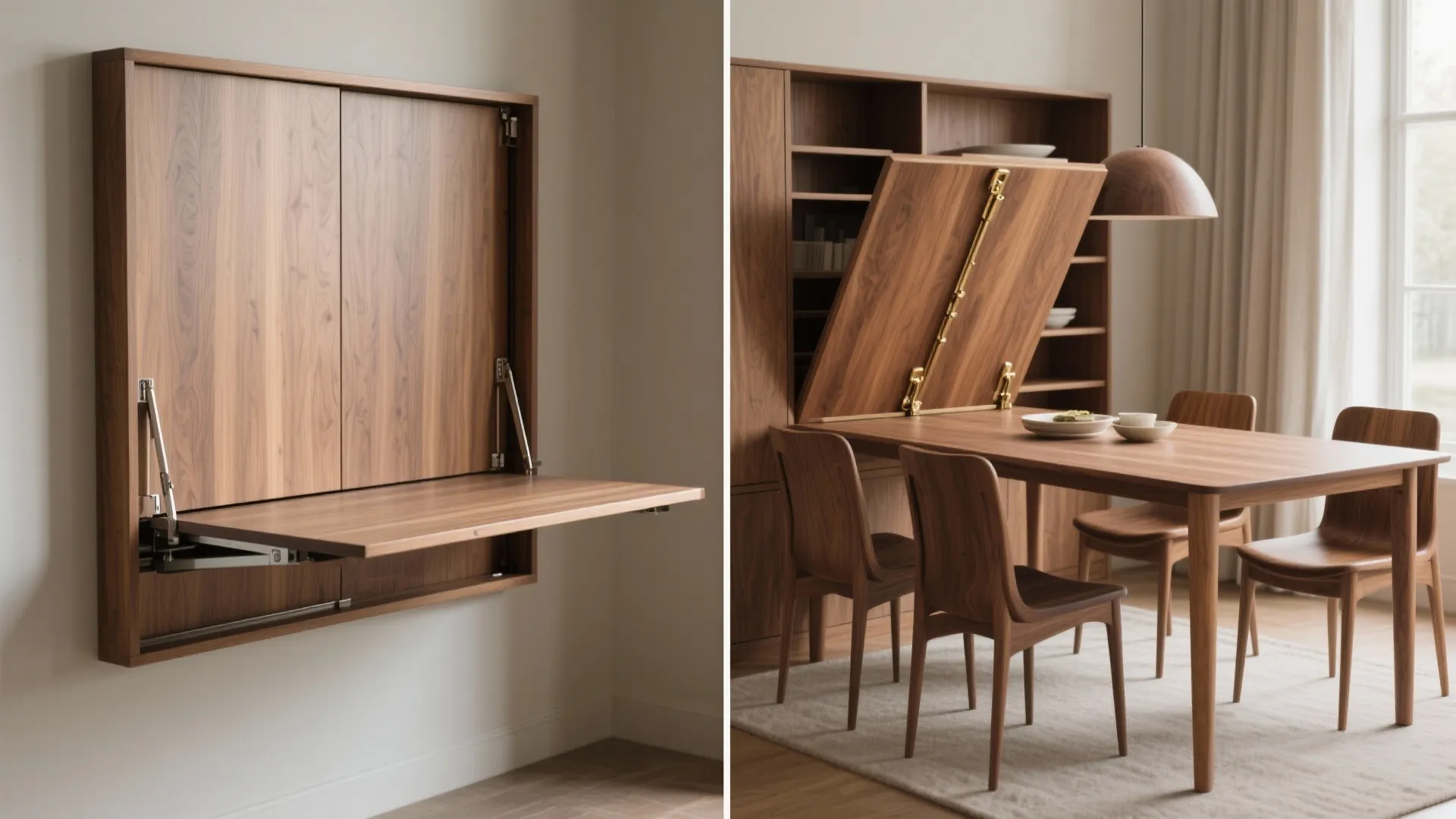 Comparison of a folded wooden wall table and an open dining table with matching chairs