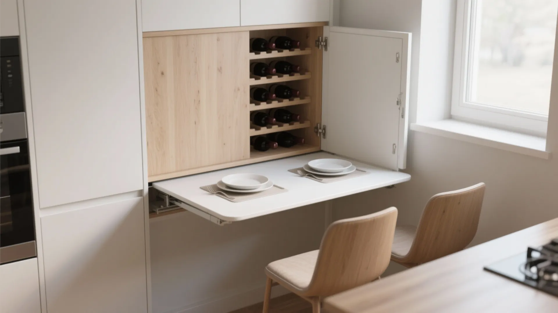 Foldable white dining table attached to wall cabinet with wine rack and two wooden chairs