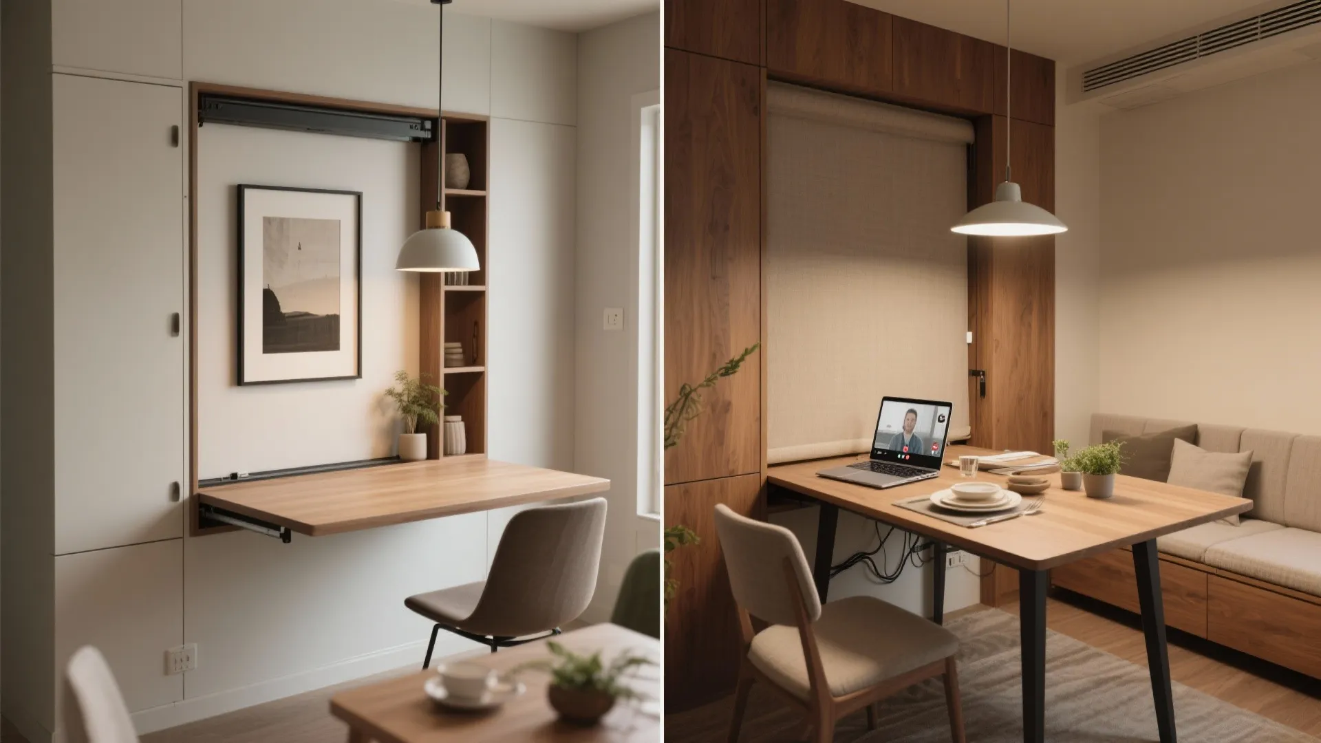 Before-and-after of a Murphy table folded as art and dropped down for dining and remote work.