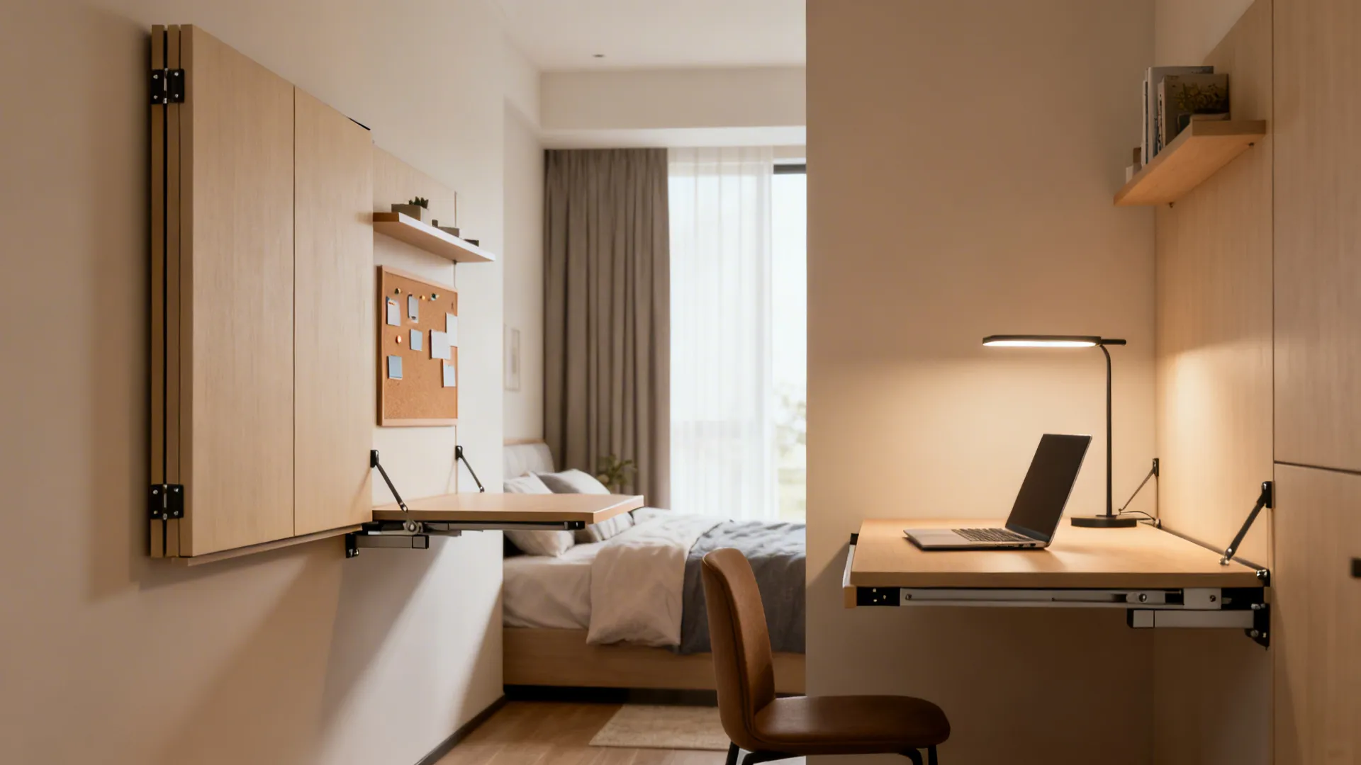 Fold-down Murphy table shown folded up as a wall panel and folded down as a desk.