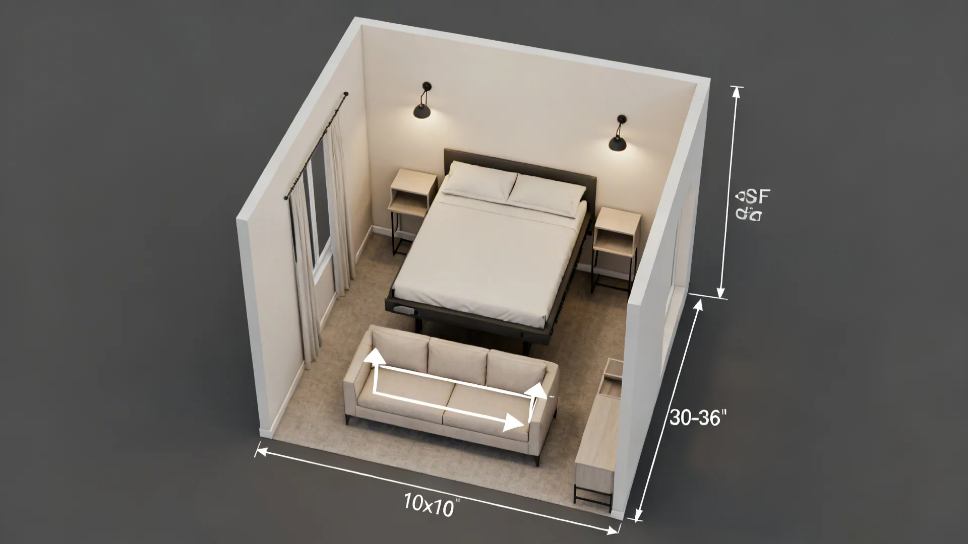 Top-down 10x10 plan showing wall bed with 30–36 inch clearance and sconce placement.