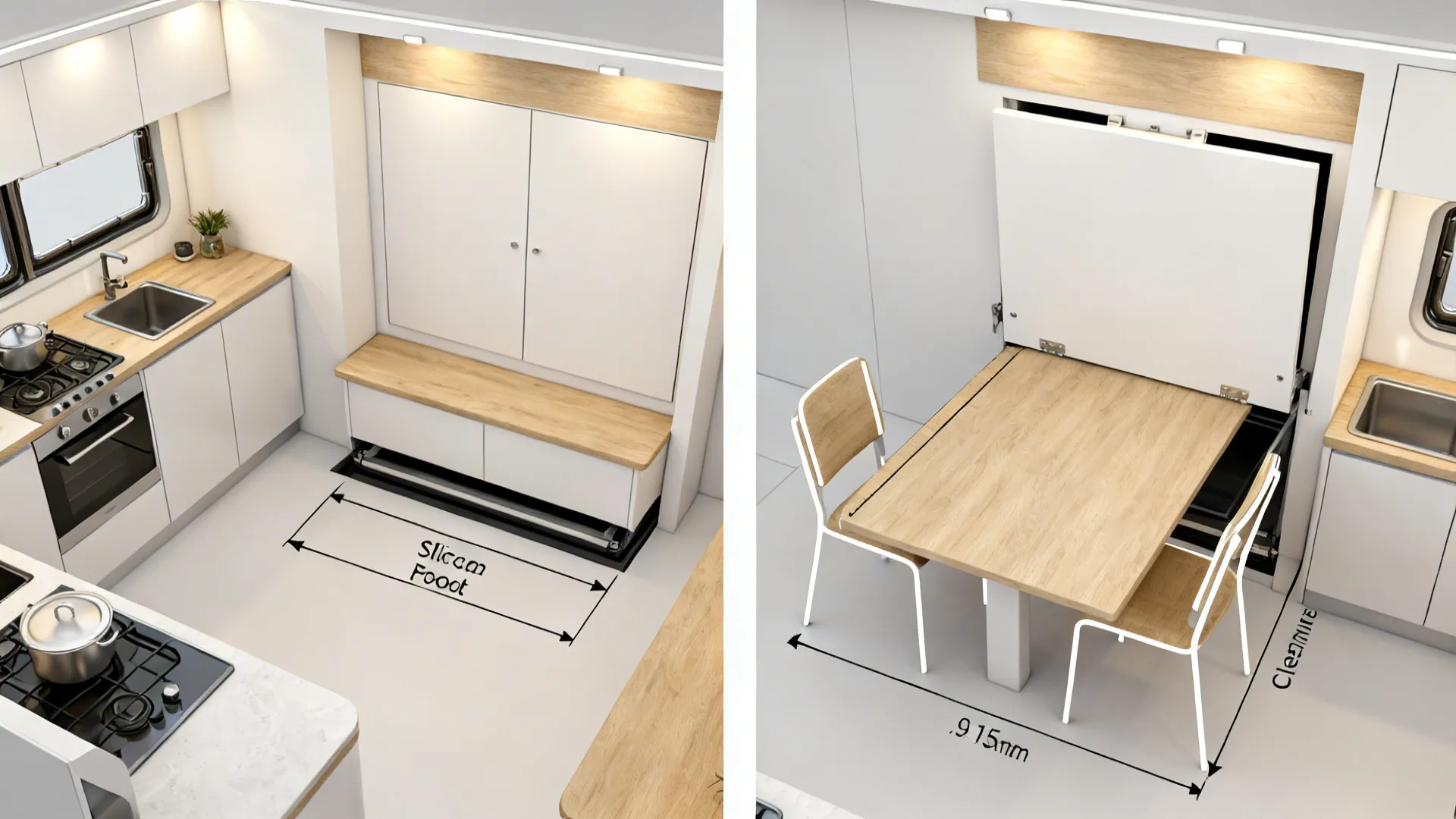 Before and after top down view of a folding wall table in a white kitchen
