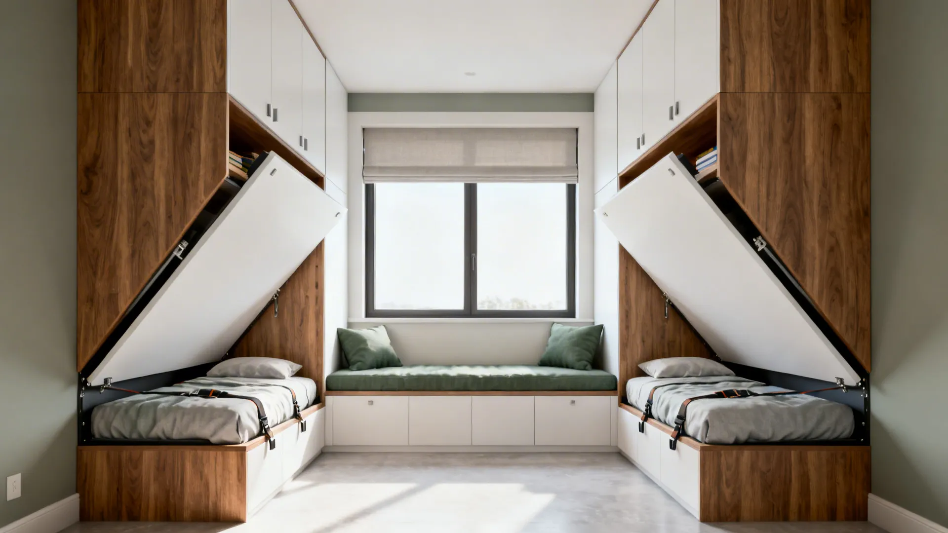 Room with two Murphy twin beds and a fixed daybed, showing clean floor space and storage.