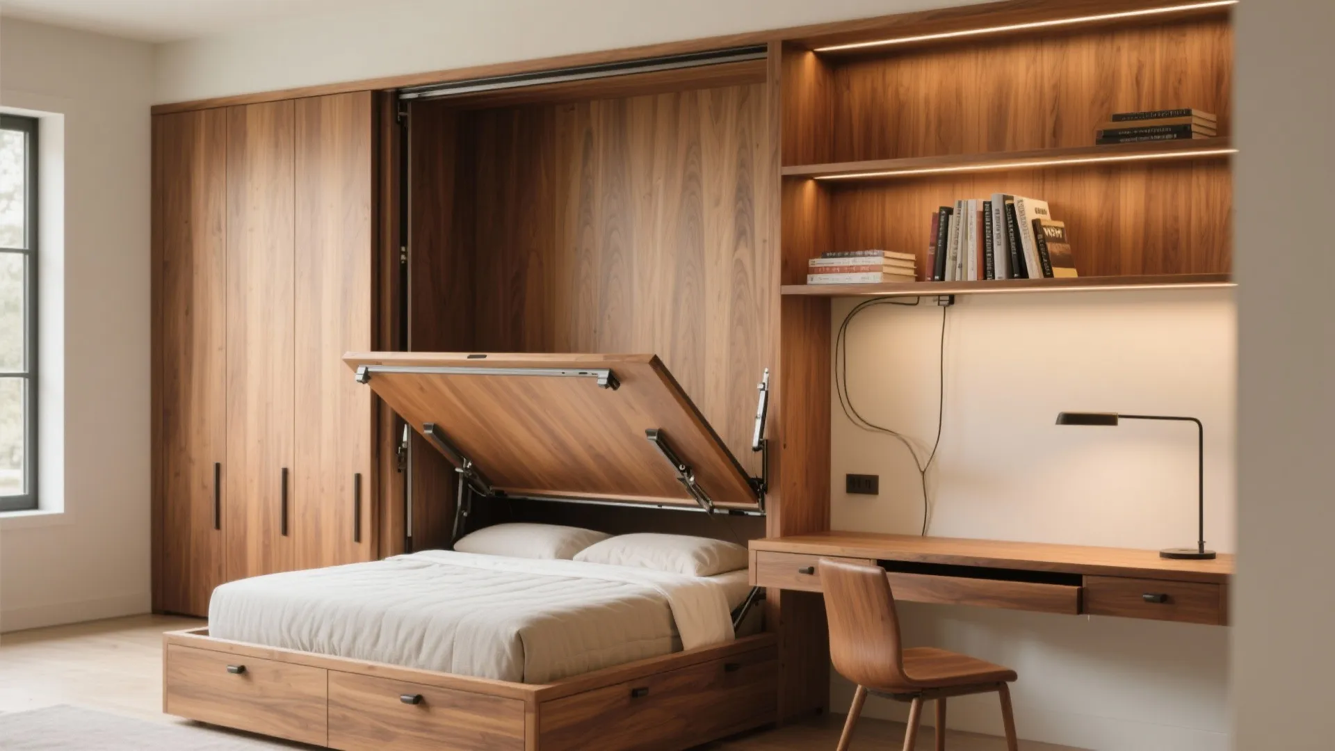 Double bed folding out from a wooden cabinet next to a home office desk setup