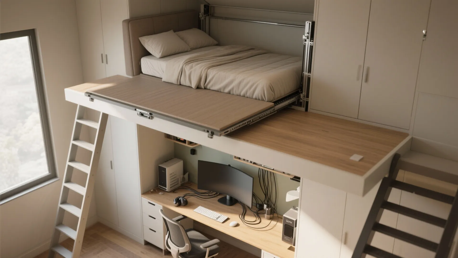 Compact home office with a bed above a desk reachable by a simple white ladder