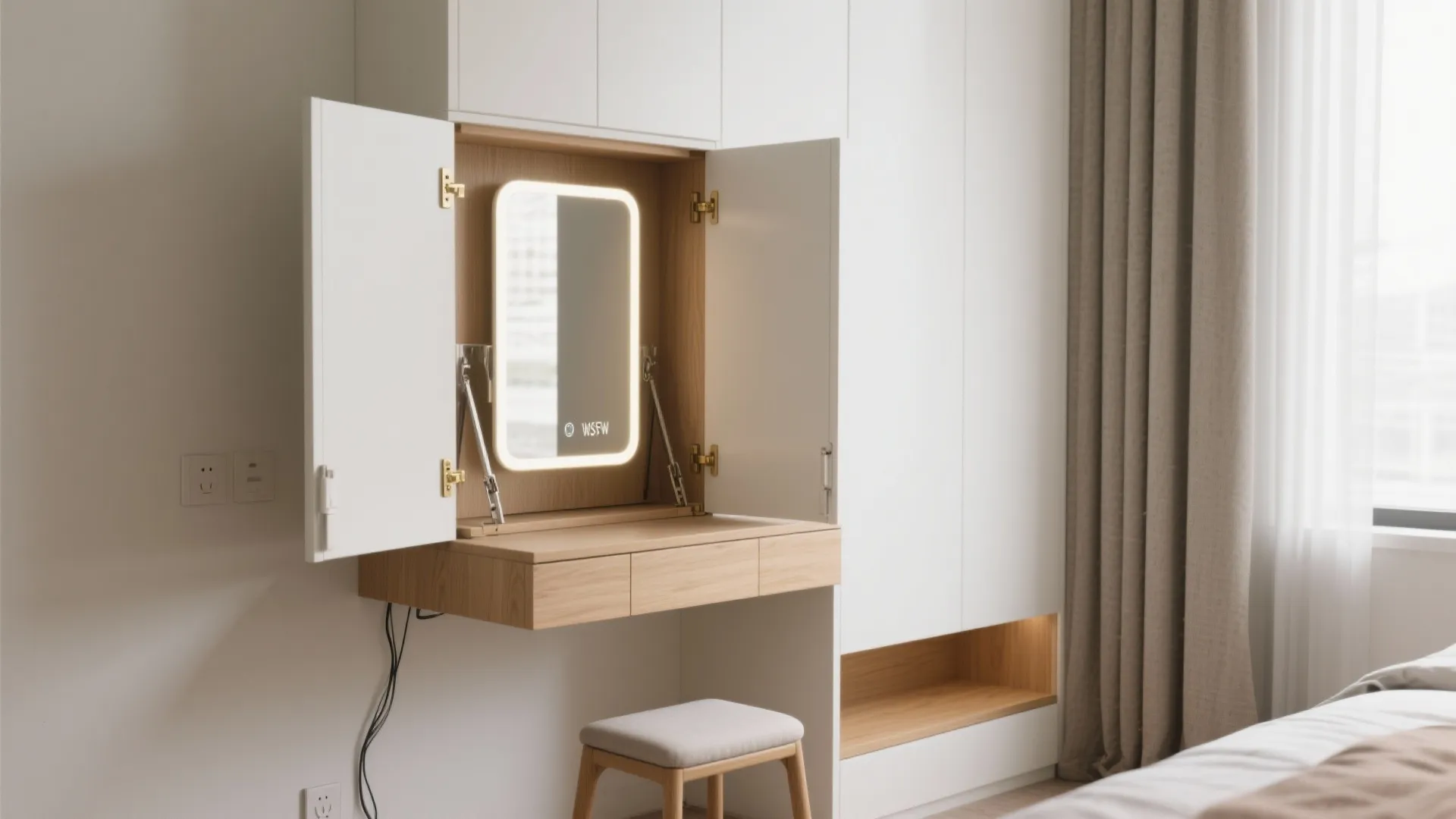Hidden makeup vanity desk inside a white cabinet with lighted mirror and small padded stool