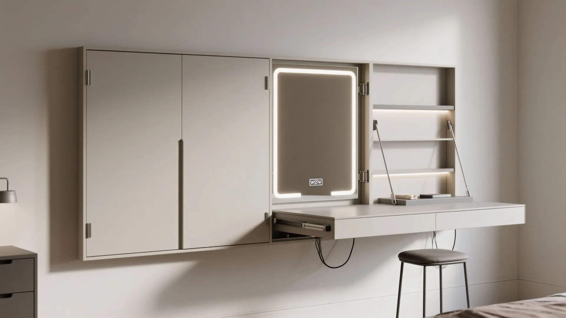 Wall-mounted fold-down dressing desk (Murphy-style)