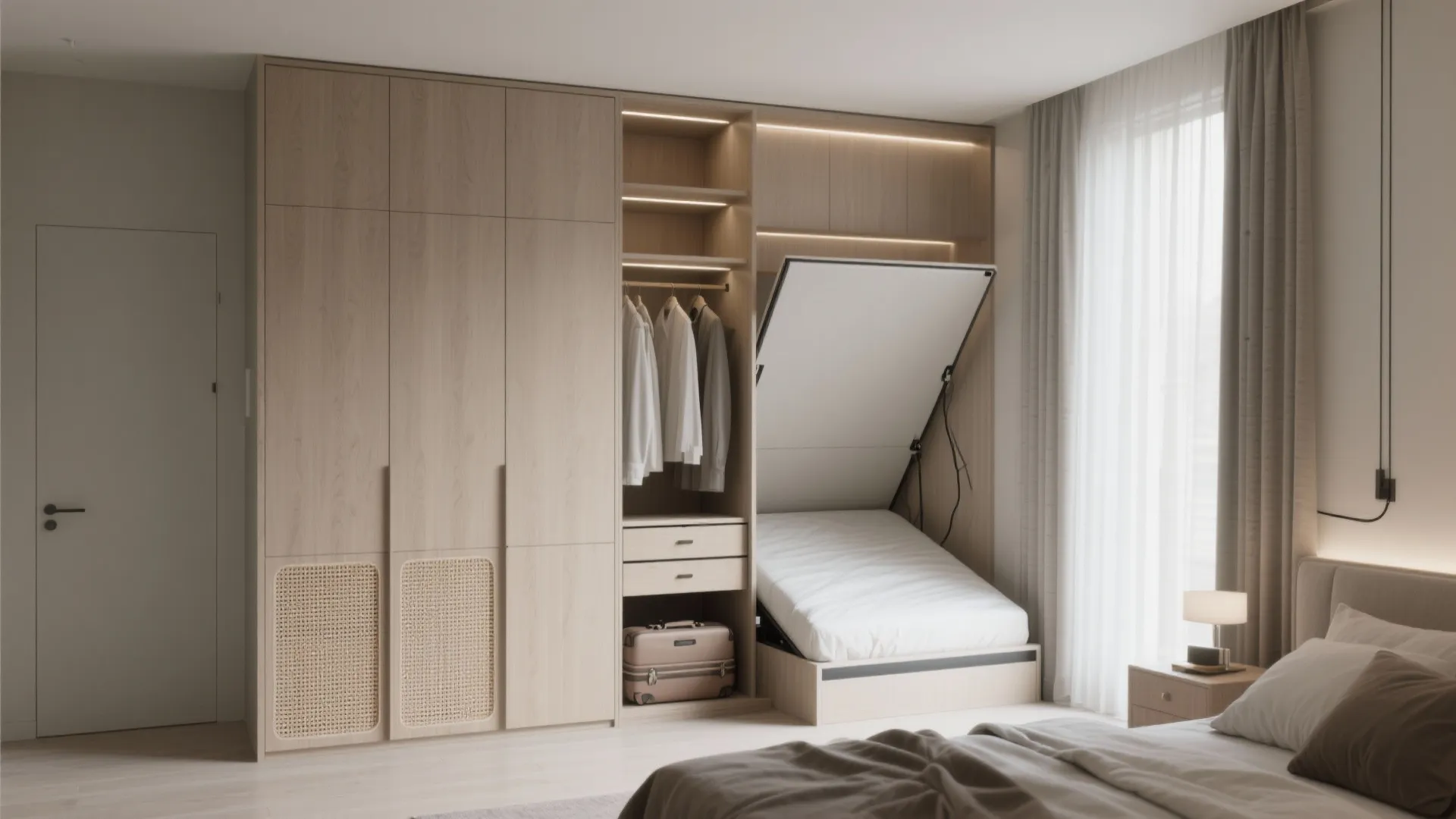 Wardrobe wall + Murphy bed for a peaceful, clutter-light bedroom