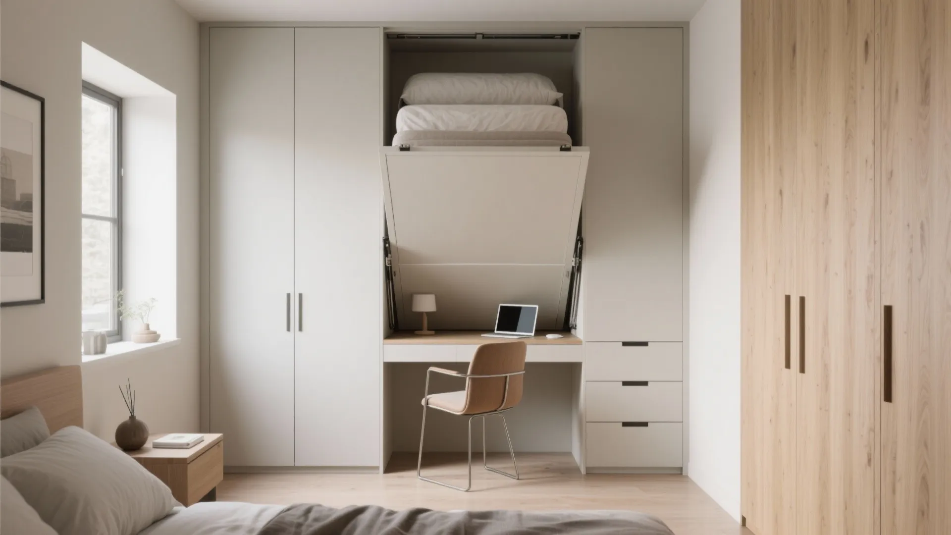 Modern white murphy wall bed integrated with desk and wardrobes in a bright minimalist bedroom