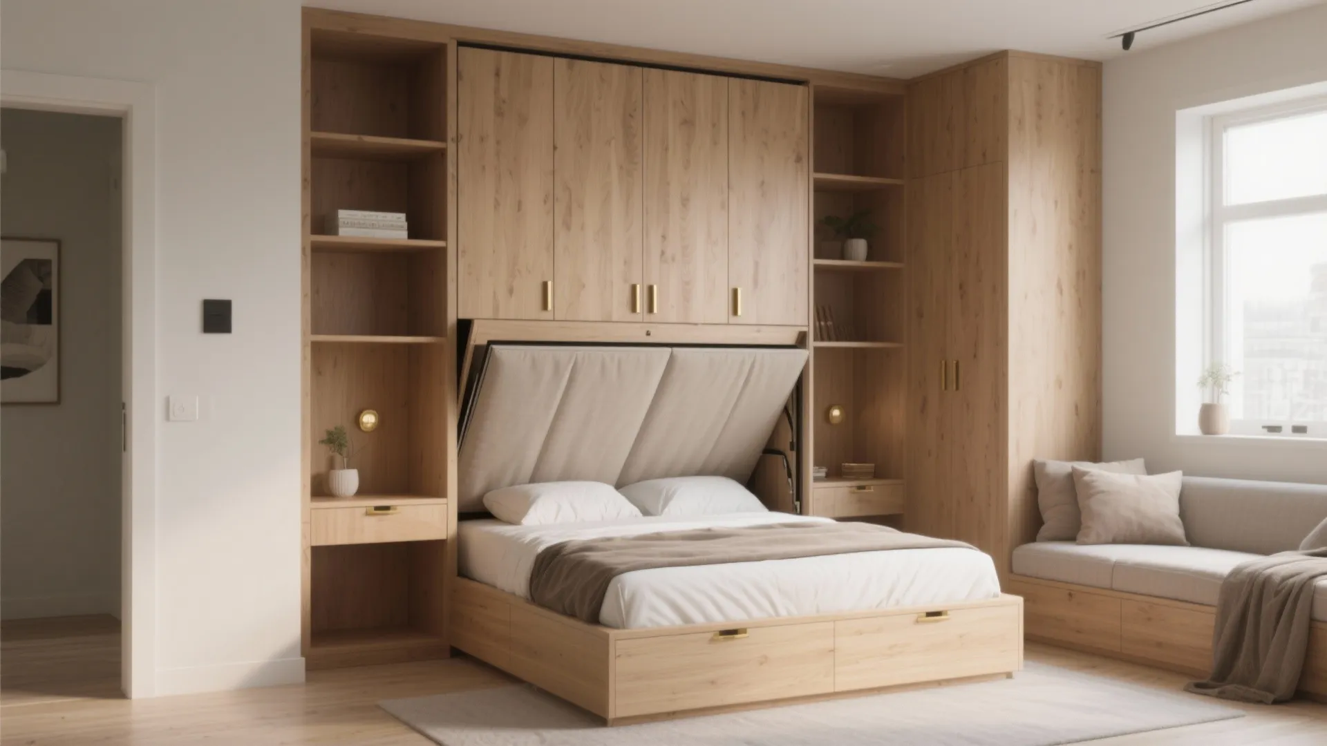 Modern wooden wall bed system with storage cabinets and open shelves in a bright room