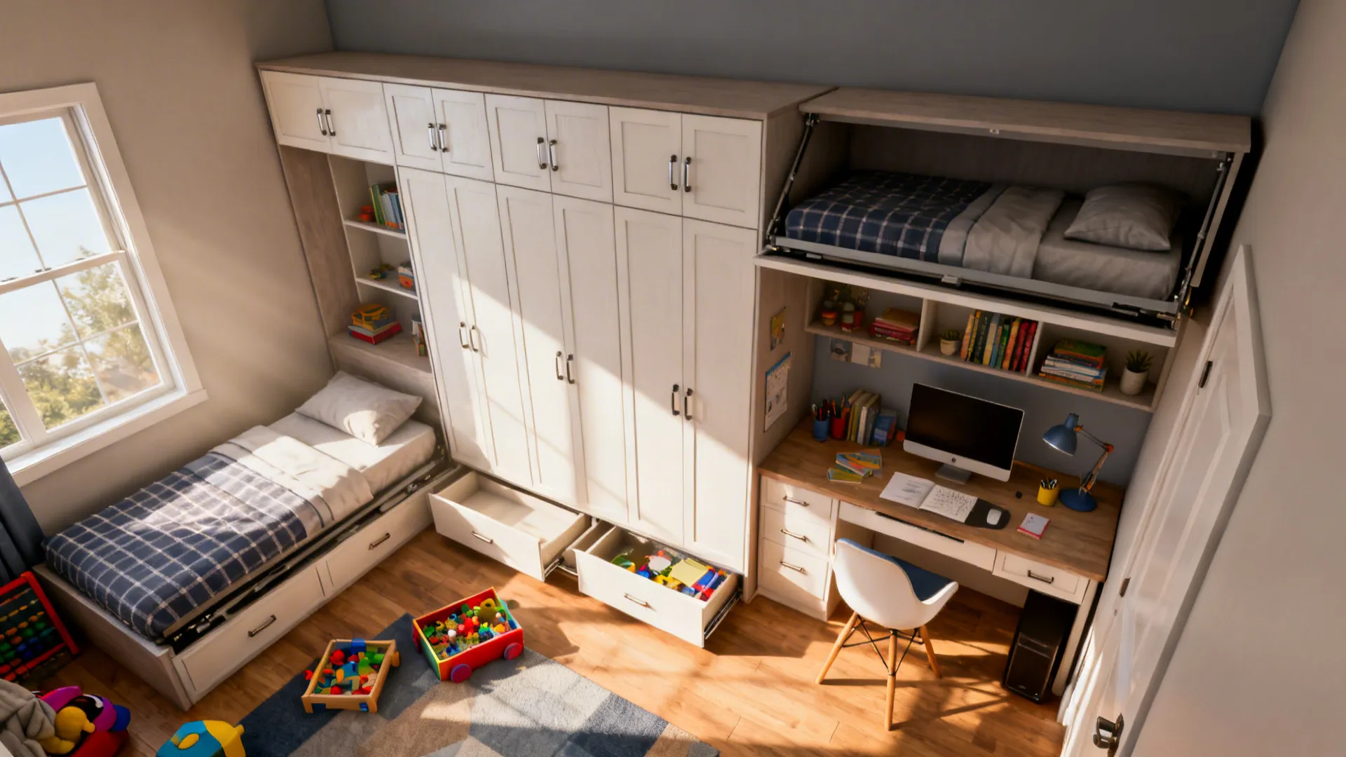Small room with a folded-up Murphy twin bed showing a daytime study and play area.