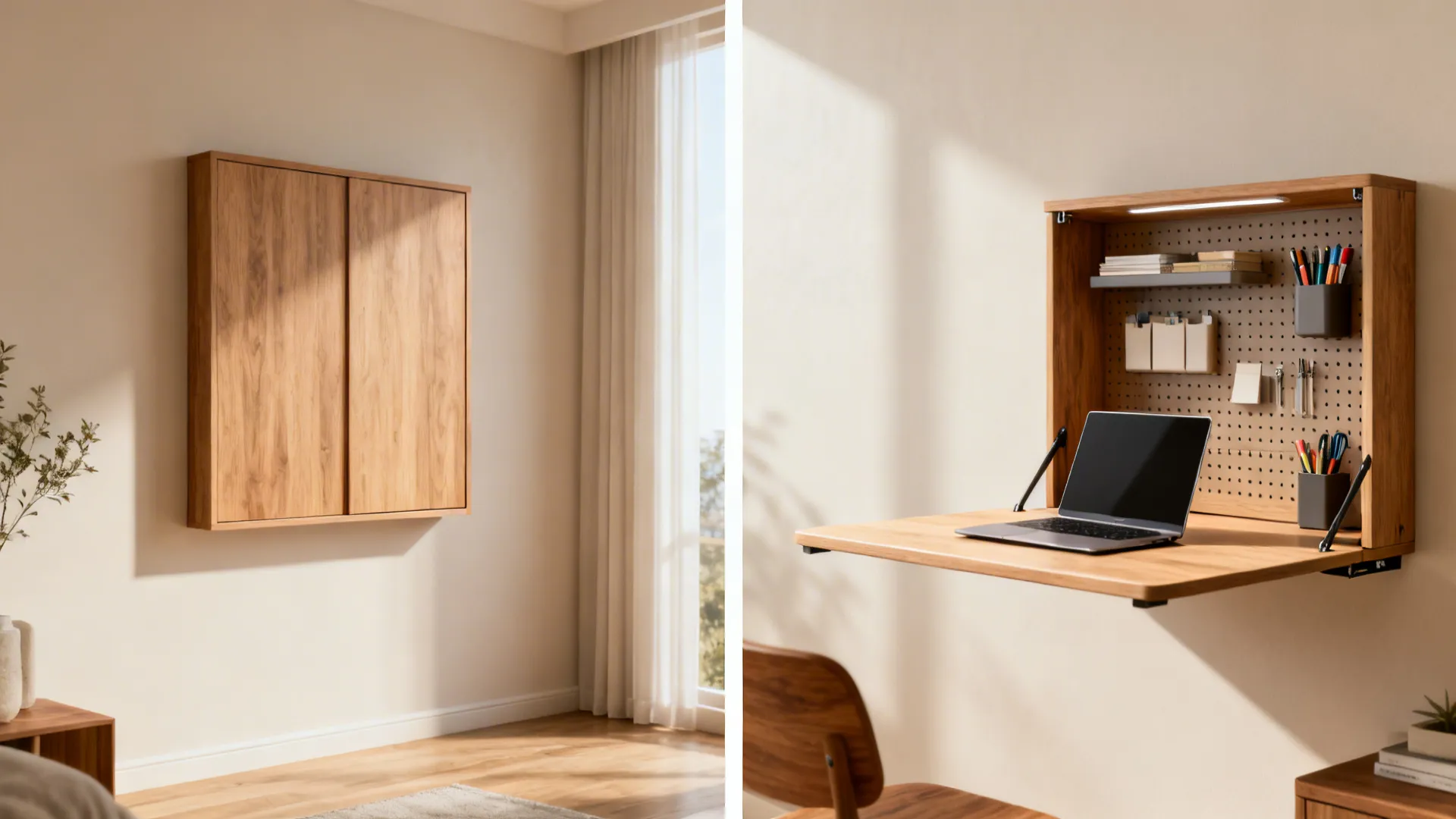 Before and after of a fold-down Murphy workstation closed and open with pegboard organization