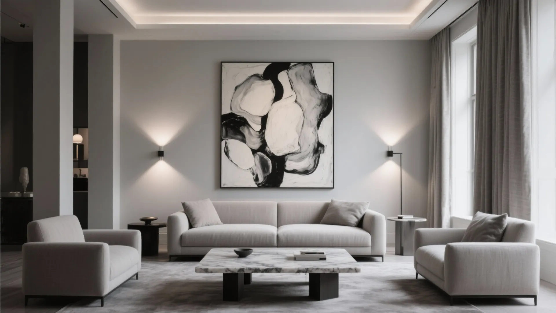 Modern living room with grey sofas marble coffee table large abstract wall art and wall lights