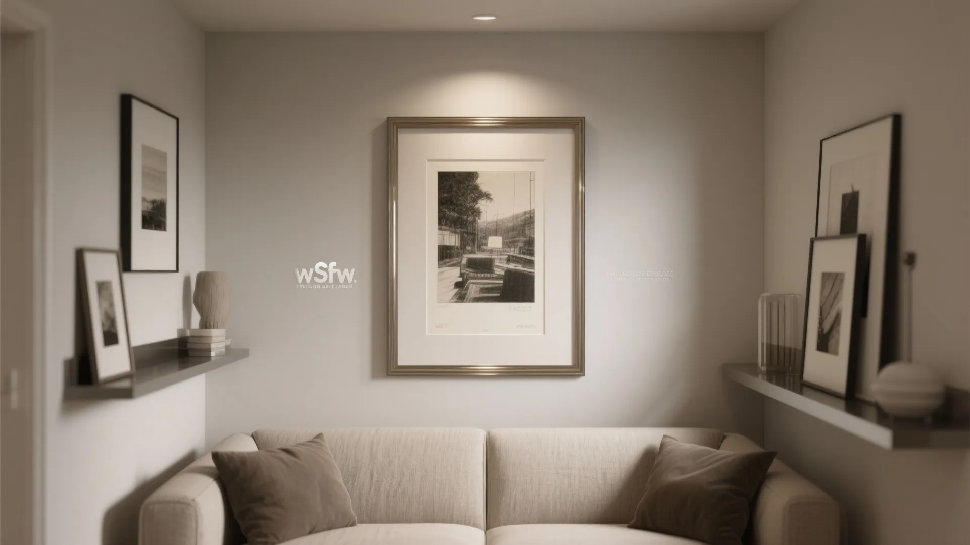 Single curated lithograph with UV acrylic and linen mat displayed in a small living room.