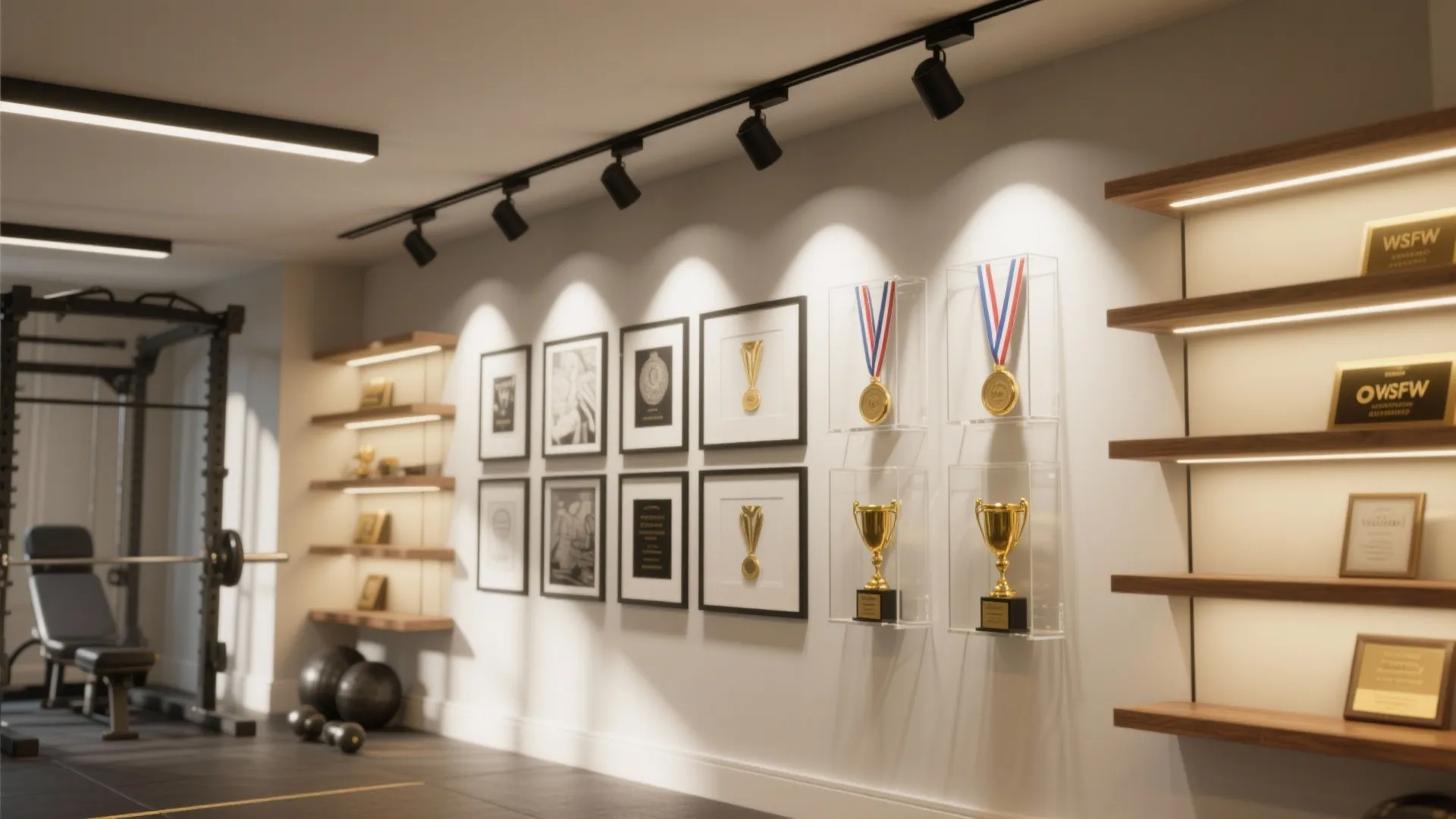 Home gym wall with track light fixture shining on trophies medals and framed awards display