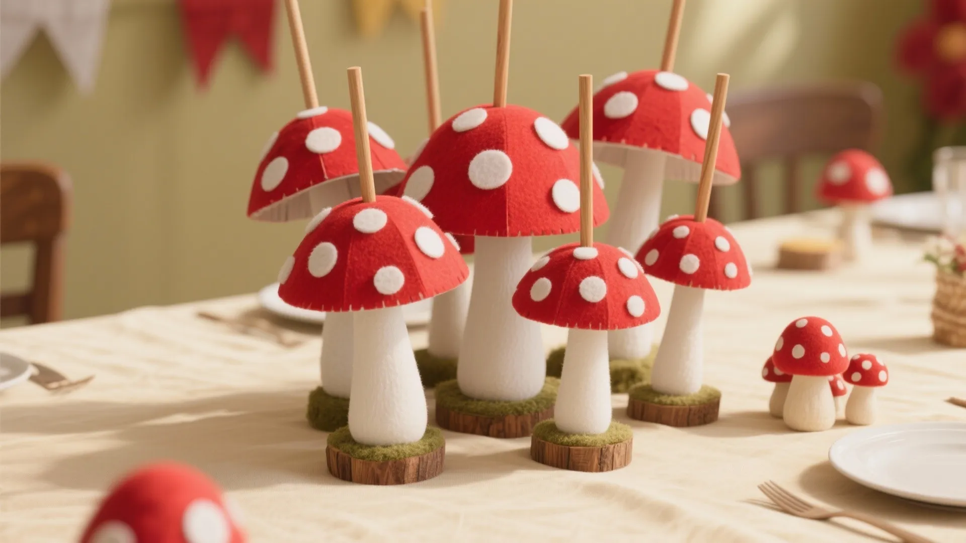 Red and white mushroom table decorations with wooden sticks placed on a beige dining table
