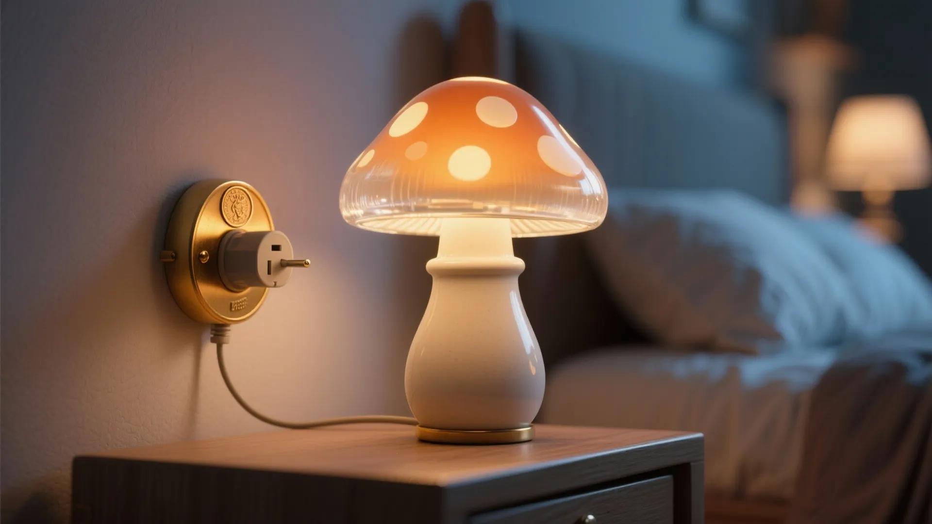 Orange mushroom shaped table lamp glowing on wooden nightstand beside wall outlet in a bedroom