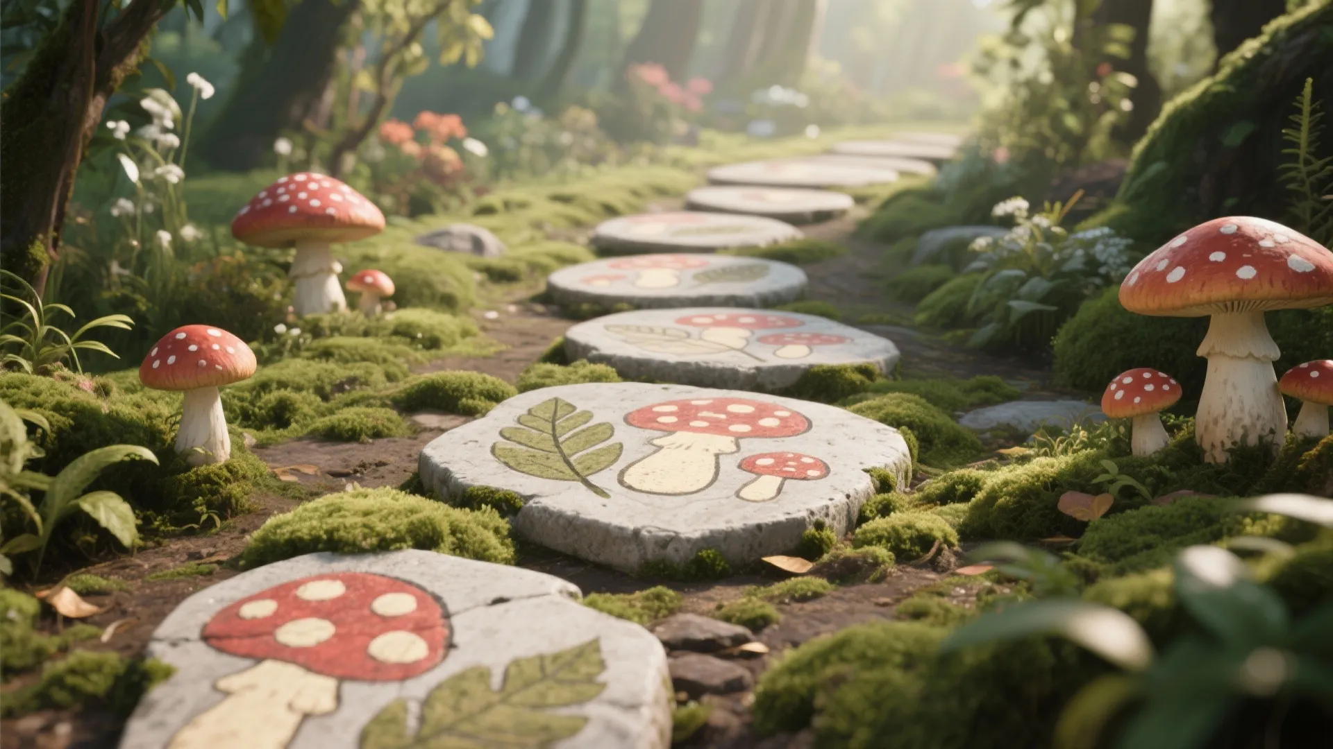Garden stone path with mushroom patterns leading through green grass with red and white mushrooms